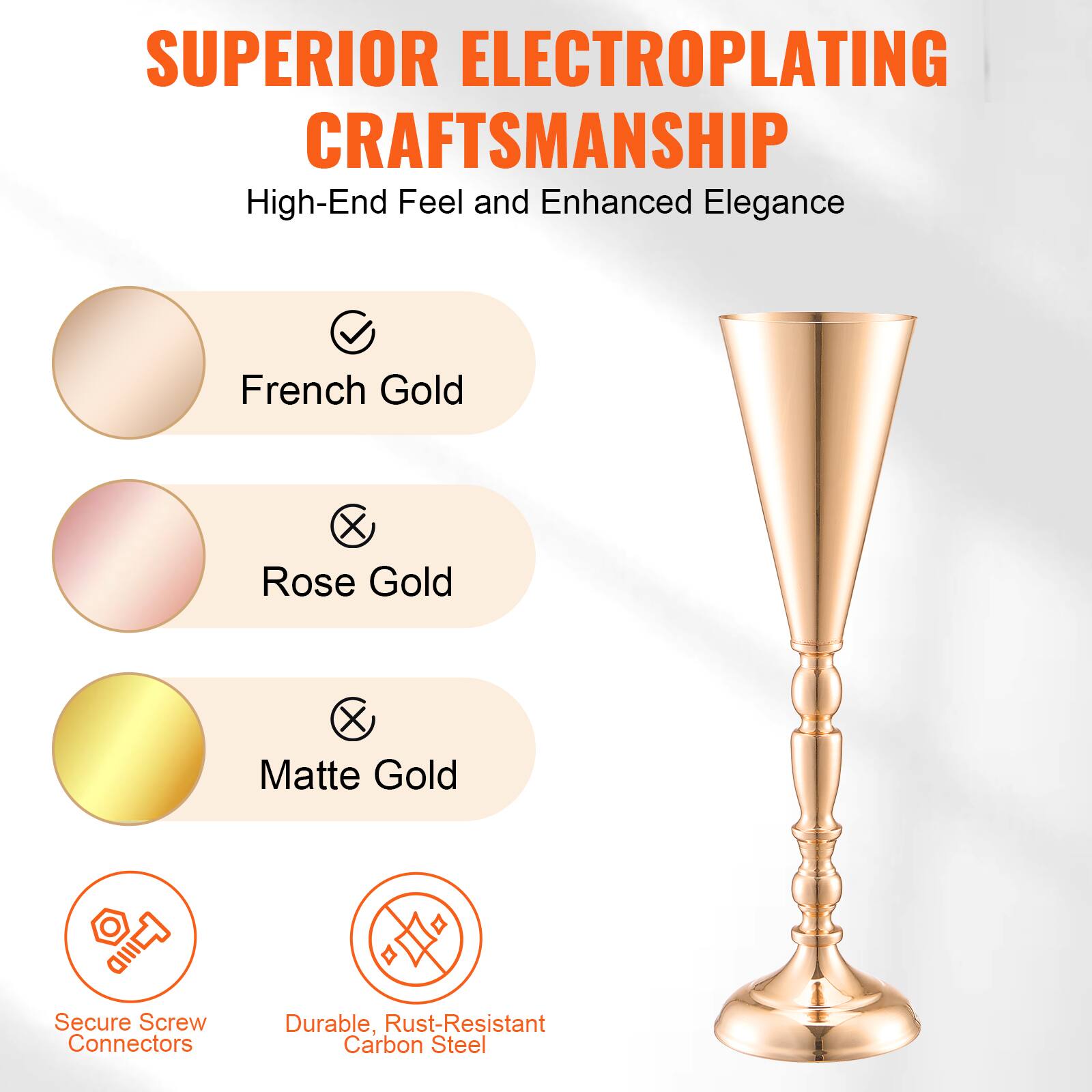 SUPERIOR ELECTROPLATING CRAFTSMANSHIP  
High-End Feel and Enhanced Elegance  

- French Gold  
- Rose Gold  
- Matte Gold  

Secure Screw Connectors  
Durable, Rust-Resistant Carbon Steel