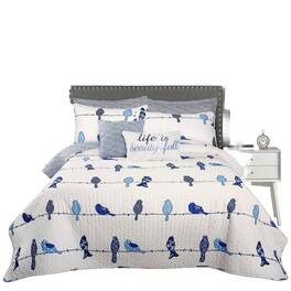 Hivvago - Full/Queen Floral Birds On Wire Lightweight 7 Piece Quilt Set - Blue White Navy