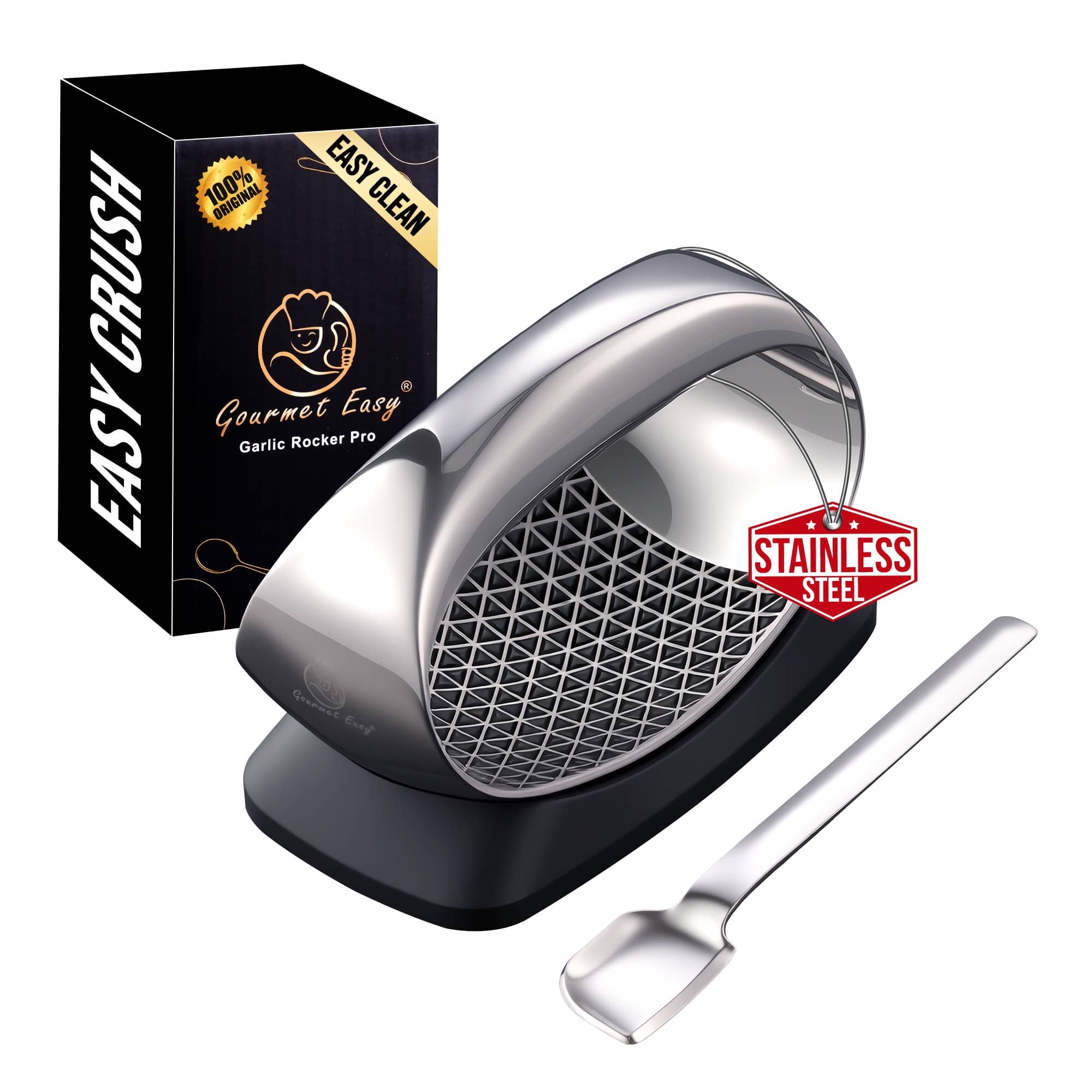 Gourmet Easy - The Garlic Press Rocker features 3D cutting, ejector base, scraper spoon, and a durable non-slip grip - Stainless Steel