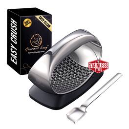 Gourmet Easy - The Garlic Press Rocker features 3D cutting, ejector base, scraper spoon, and a durable non-slip grip - Stainless Steel