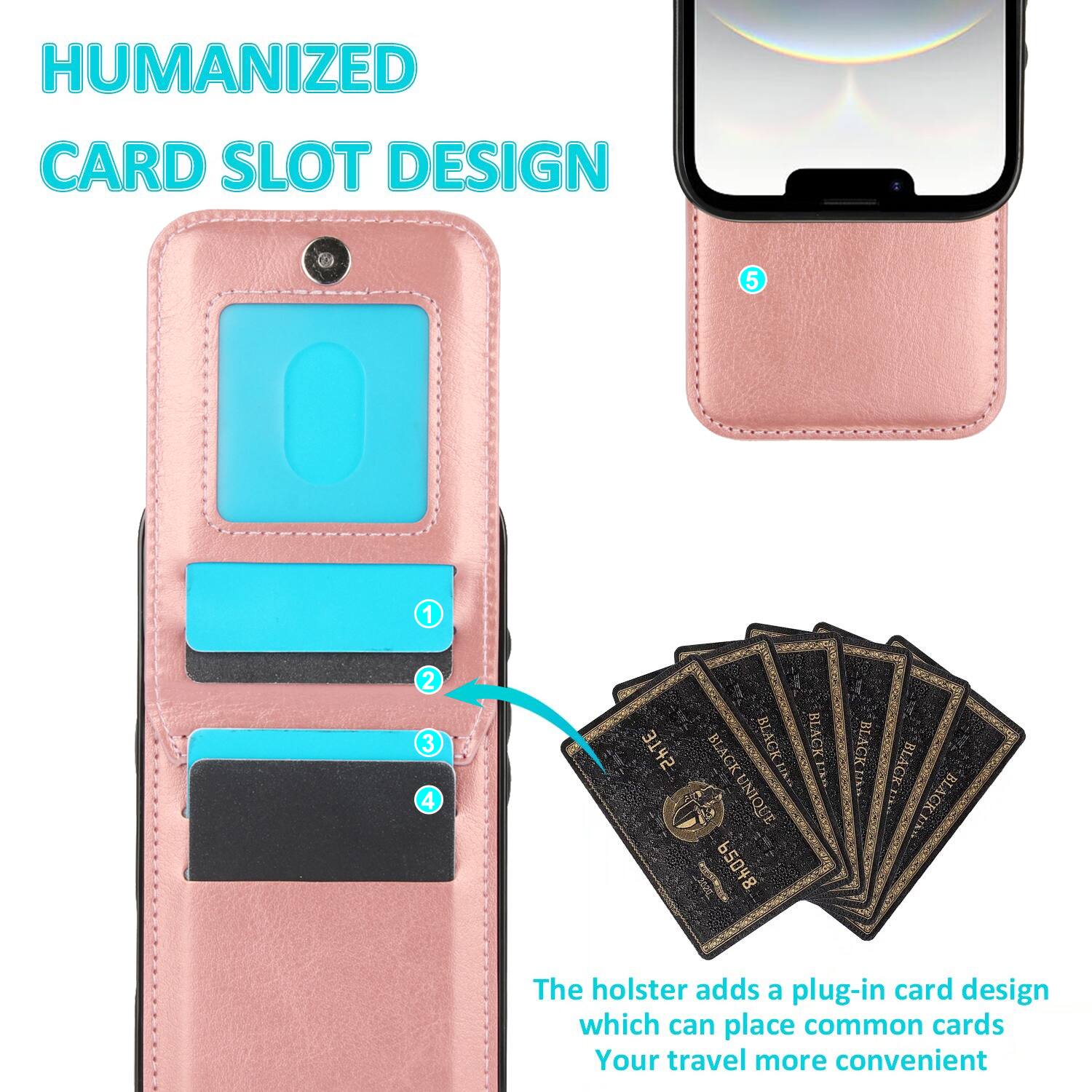 HUMANIZED CARD SLOT DESIGN

5 1 2 3 4

BLACK BLACK BLAGK BLAGK UNIQUE UNIQUE

nO 65048 BLACK Lko BLAGK BLACK

The holster adds a plug-in card design which can place common cards. Your travel more convenient