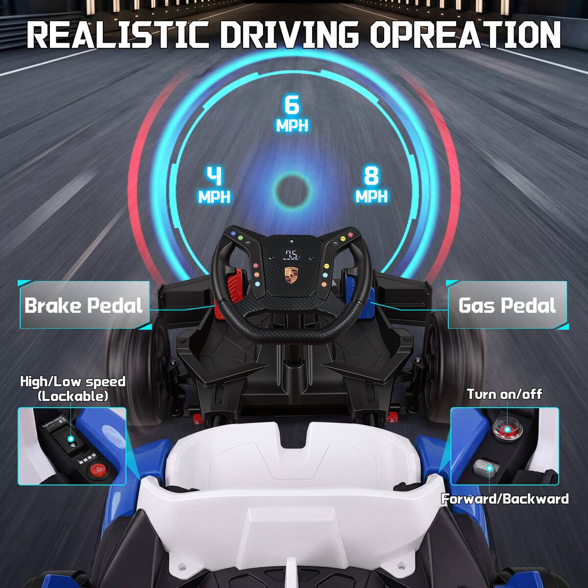 REALISTIC DRIVING OPERATION

6 MPH
4 MPH
8 MPH

Brake Pedal
Gas Pedal
High/Low speed (Lockable)
Turn on/off
Forward/Backward