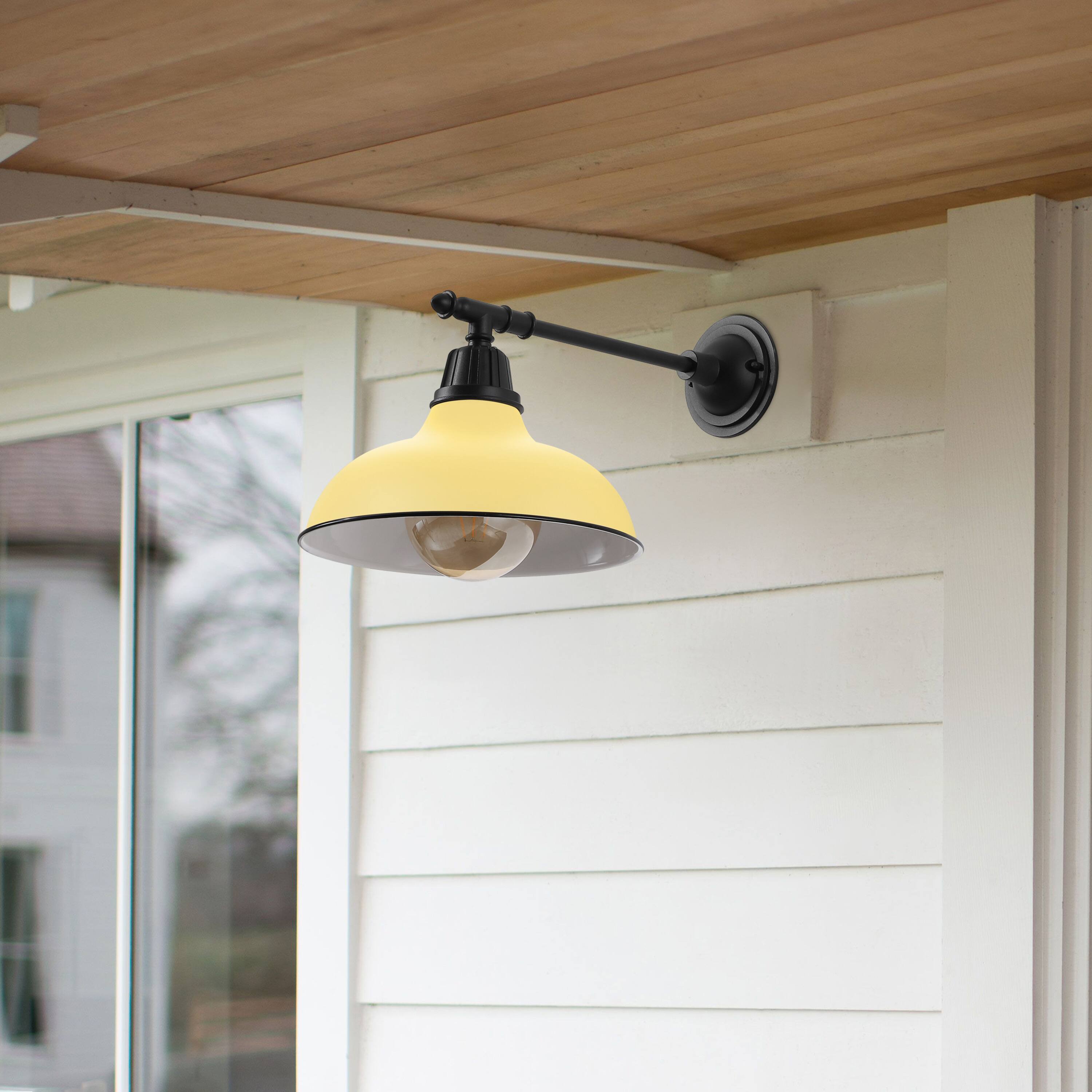 Alt View 8. Jonathan Y - Wallace 12.25" 1-Light Farmhouse Industrial Indoor/Outdoor Iron LED Victorian Arm Outdoor Sconce, Matte Yellow/Black - Matte Yellow/Black.