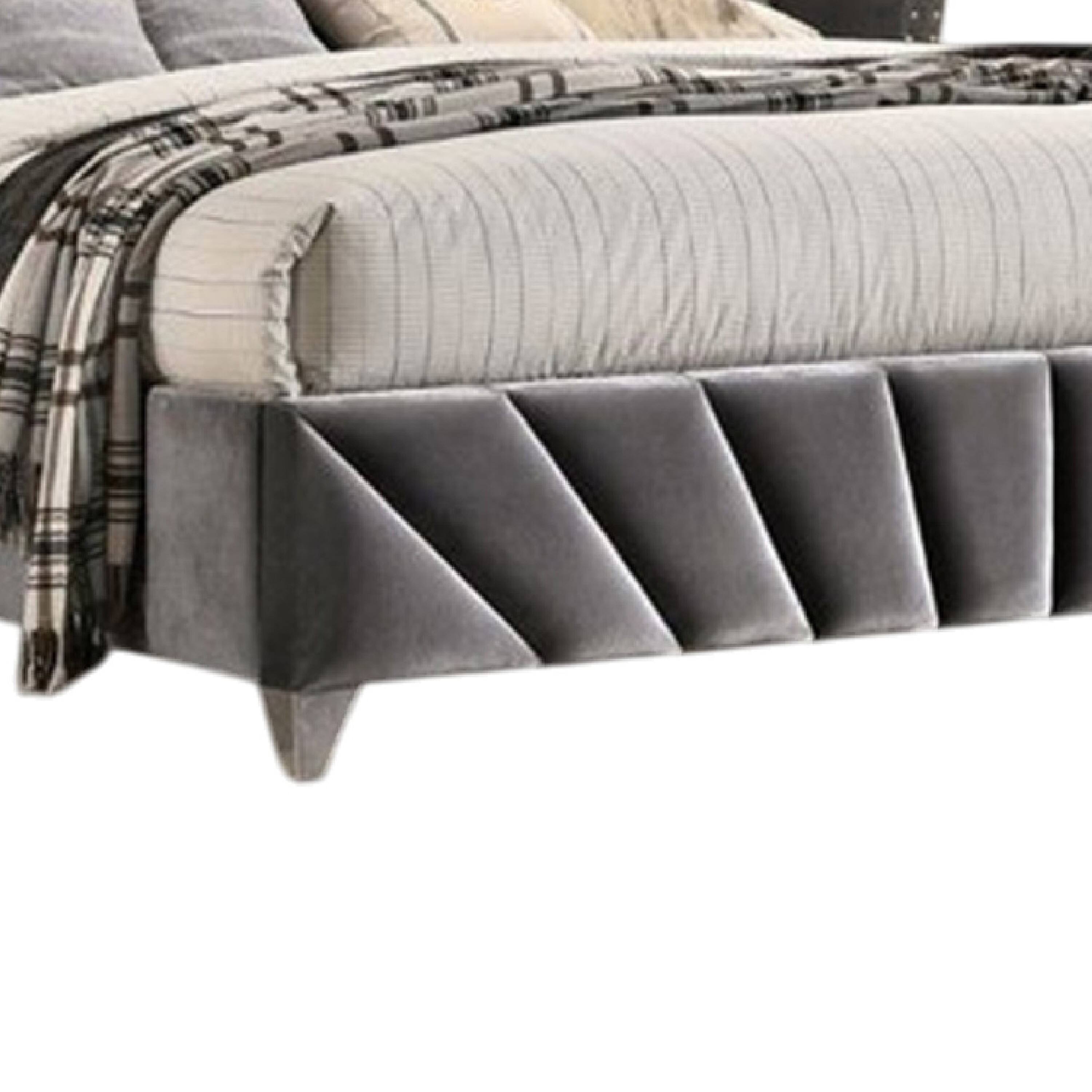 Alt View 3. Manhattan Lane - Ino Queen Size Bed w Wingback Headboard, Gray Fabric Upholstery - Gray, Chrome.