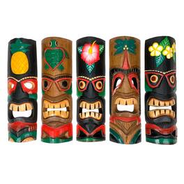 Zeckos - Set of 5 Colorful Tropical Polynesian Style Wooden Tiki Wall Masks 20 Inch - Multicolored