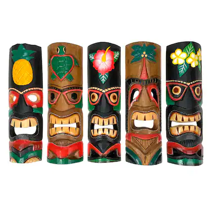 Front. Zeckos - Set of 5 Colorful Tropical Polynesian Style Wooden Tiki Wall Masks 20 Inch - Multicolored.