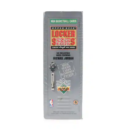 NBA BASKETBALL CARDS
UPPER DECK
LOCKER SERIES
LIMITED EDITION
NBA SERIES
SIX COLLECTIBLE BOXES FEATURING MICHAEL JORDAN
HIGH SERIES CARDS RANDOMLY PACKED
Each Locker Series box contains seven 12-card Upper Deck NBA Basketball Pack Packs