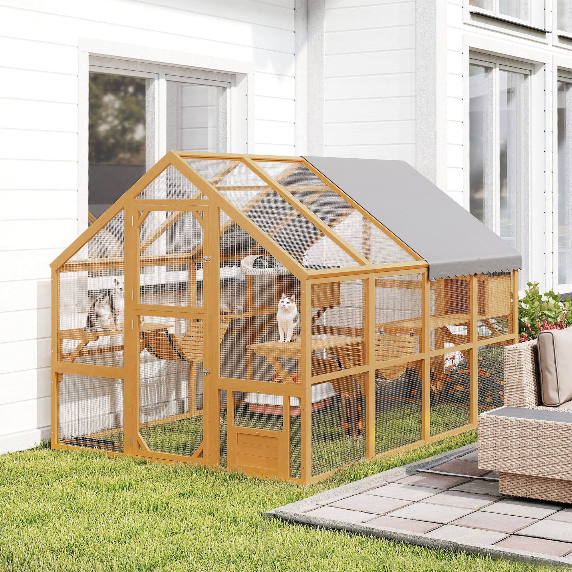 Angle. Pawhut - Large Catio Outdoor Enclosure, for Multiple Kittens, Waterproof Cover, 2 Condos, 6 Platforms, 110"x73"x74".