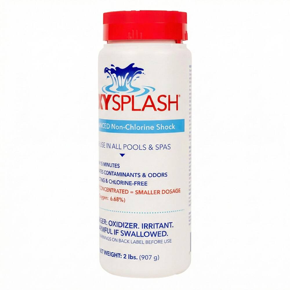 KYSPLASH ANCED Non-Chlorine Shock USE IN ALL POOLS & SPAS 15 MINUTES E5 CONTAMINANTS & ODORS CING & CHLORINE-FREE CONCENTRATED - SMALLER DOSAGE Crygen: 6.68%) GER: OXIDIZER. IRRITANT. HARMFUL IF SWALLOWED. ANINGS ON BACK USE LABEL BEFORE USE NET WEIGHT: 2 lbs. (907 g)