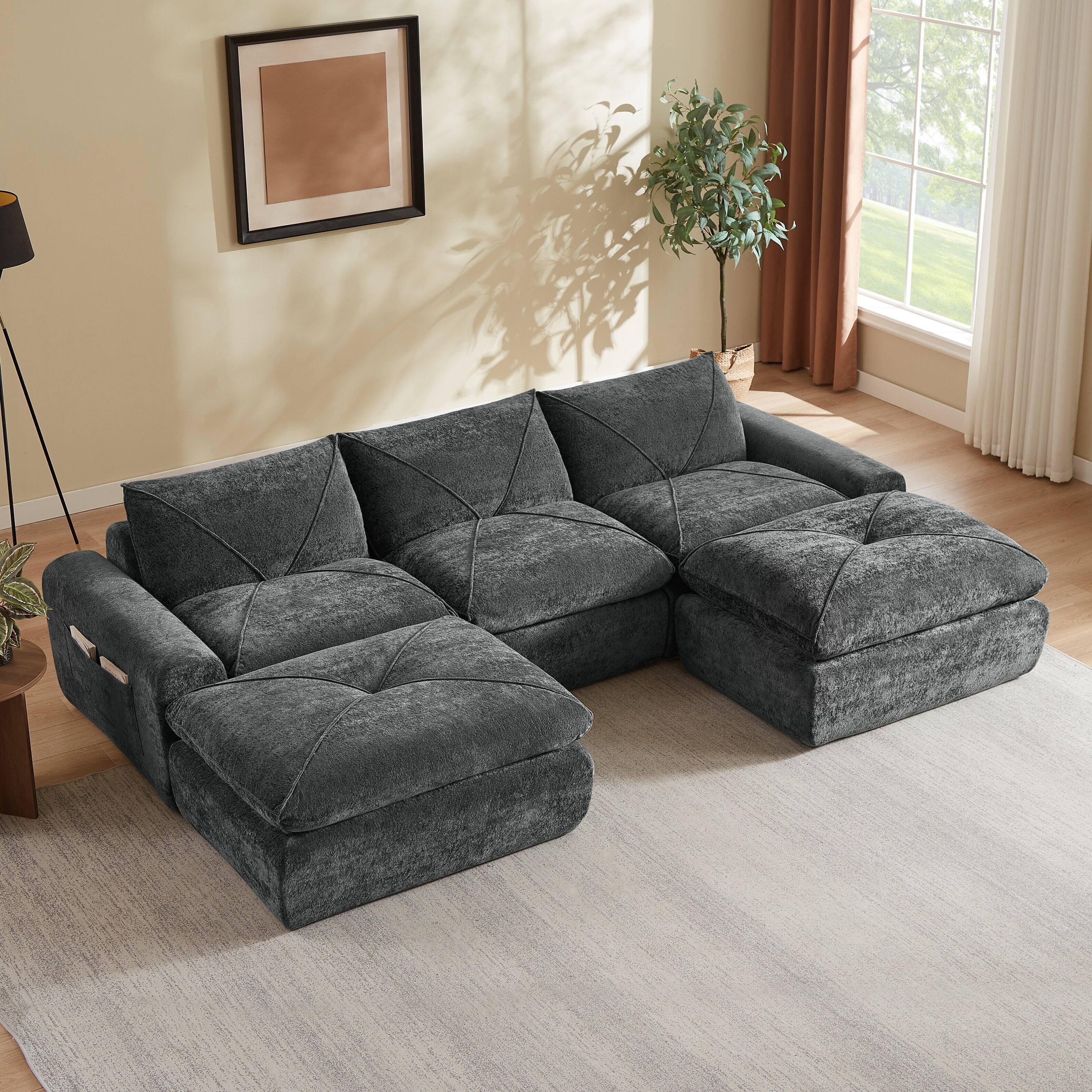 Angle. Loheer - Loheer Chenille Sectional Sofa Modern Minimalist Couch with Ottoman for Living Room - Dark Gray.