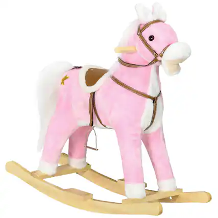 Front. Siljoy - Pink Rocking Horse with Sound & Saddle, Plush Ride-On, Ages 3-8, Easy to Move - Pink.