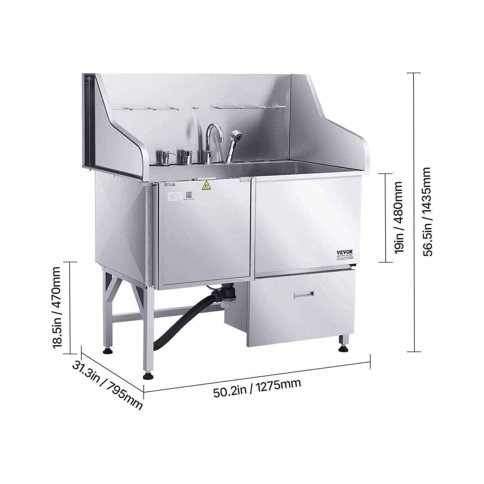 - Width: 31.3 in / 795 mm
- Depth: 50.2 in / 1275 mm
- Height: 56.5 in / 1435 mm
- Cabinet Height: 19 in / 480 mm
- Overall Height: 18.5 in / 470 mm
