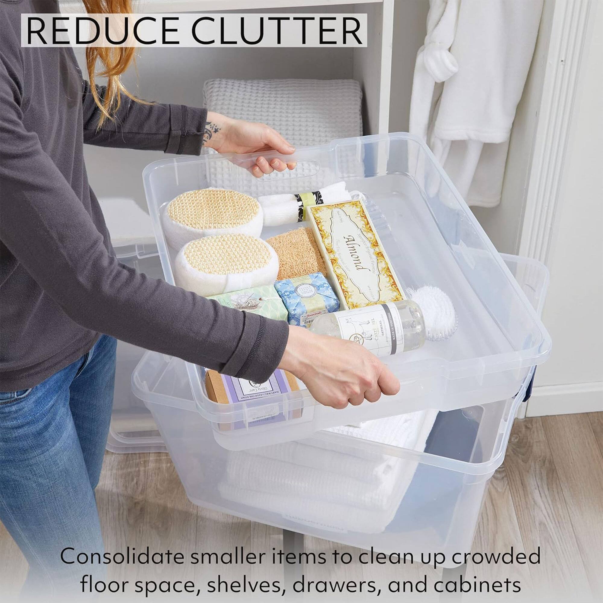 REDUCE CLUTTER

Consolidate smaller items to clean up crowded floor space, shelves, drawers, and cabinets