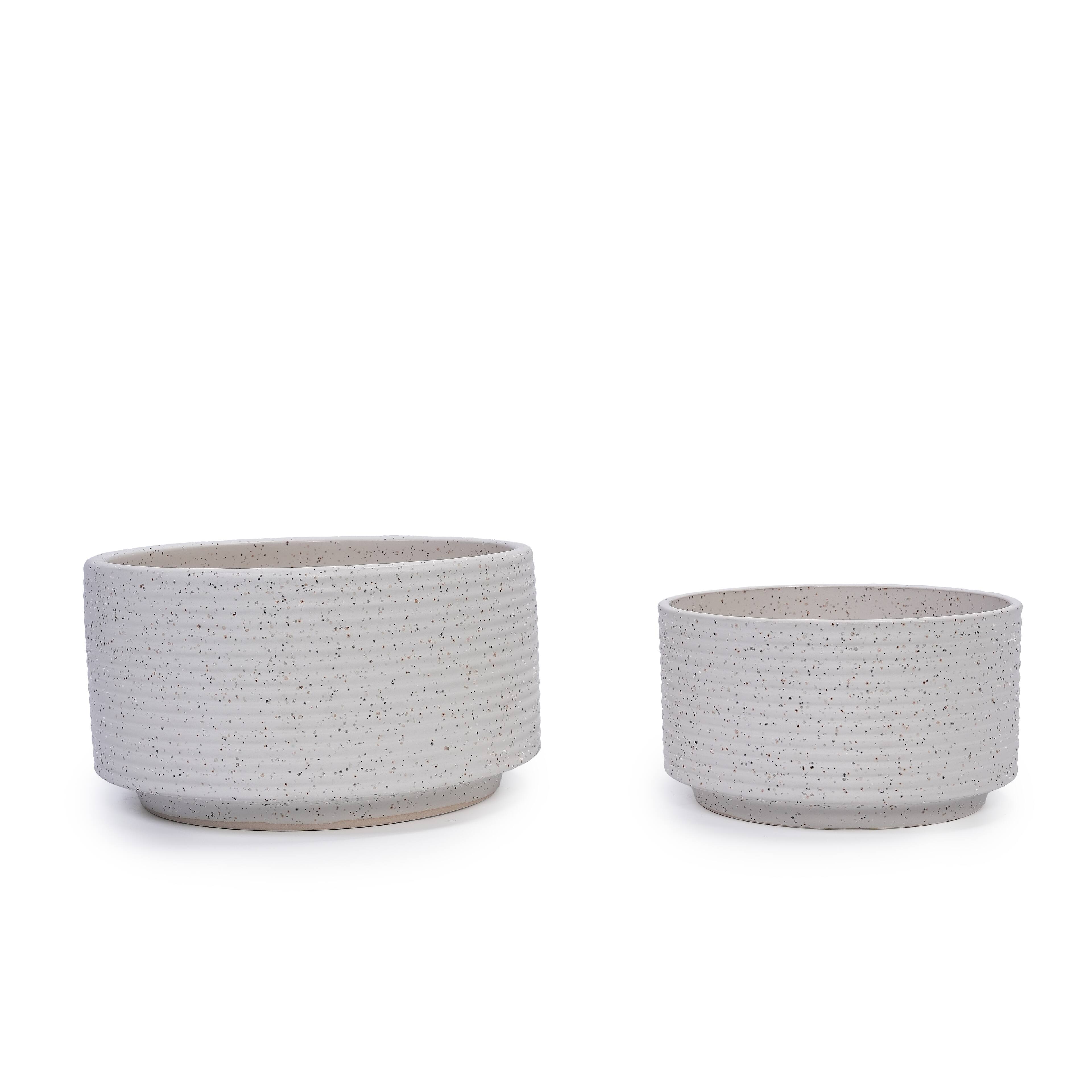 Left. Loheer - Loheer Handmade Ceramic Planters Set of 2, White Ridged Ceramic Planter Set, 11 in and 8 in Indoor Outdoor Shelf Pots.