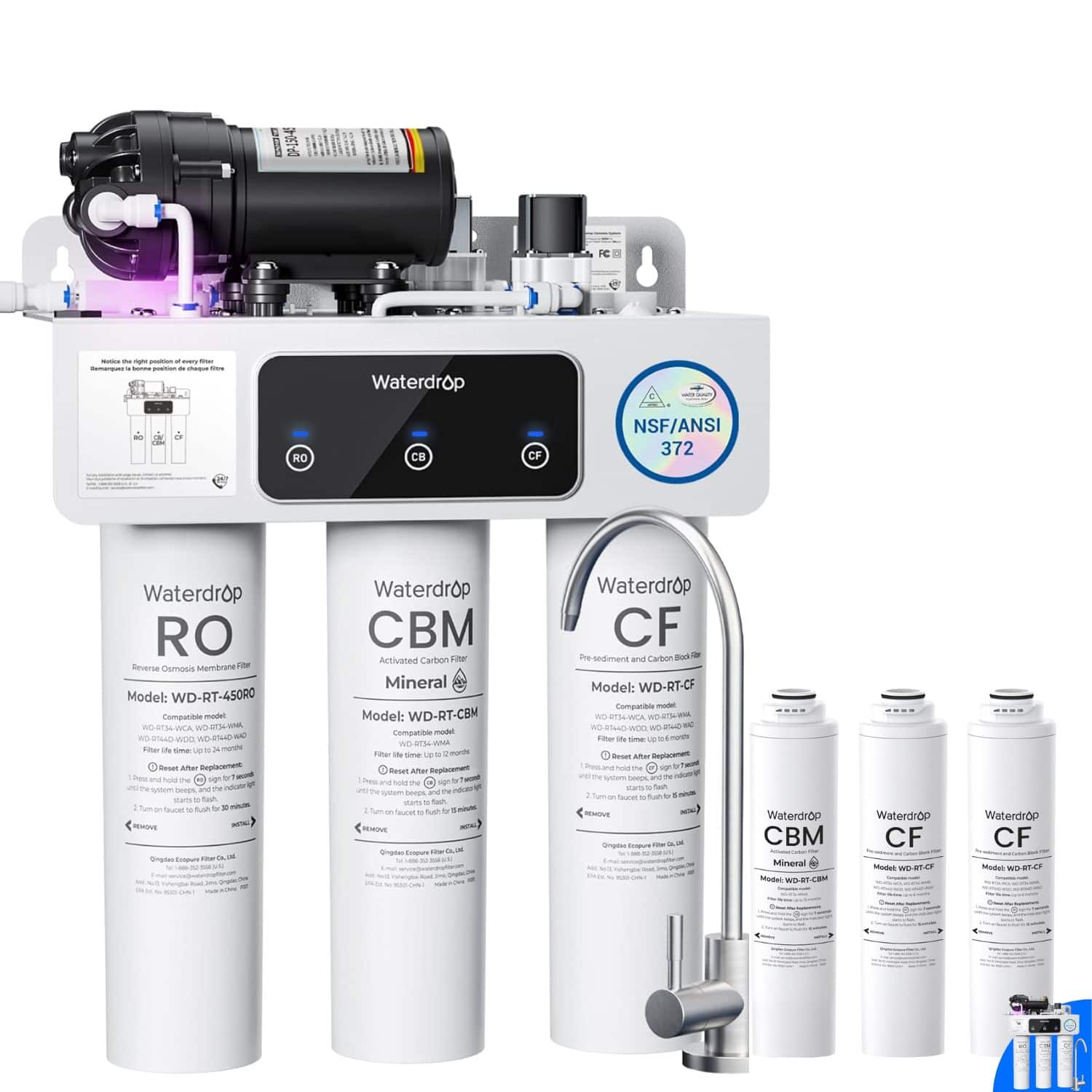 Sure, here is the corrected and grouped text from the image:

---

**Waterdrop Reverse Osmosis System**

- **Model:** 450R0
- **NSF/ANSI 372 Certified**

**Compatible Models:**
- WD-RT-450R0
- WD-RT-CBM
- WD-RT-CF

**Waterdrop RO (Reverse Osmosis)**
- **Model:** WD-RT-450R0
- **Compatible Models:** WD-RT-450R0, WD-RT-CBM, WD-RT-CF
- **Filter Life:** Up to 12 months
- **Instructions:**
  1. Remove the old filter and install the new one.
  2. Turn on the faucet to flush for 20 minutes.
- **Remove** (with arrow indicating direction)

**Waterdrop CBM (Activated Carbon Mineral)**
- **Model:** WD-RT-CBM
- **Compatible Models:** WD-RT-450R0, WD-RT-CBM, WD-RT-CF
- **Filter Life:** Up to 12 months
- **Instructions:**
  1. Remove