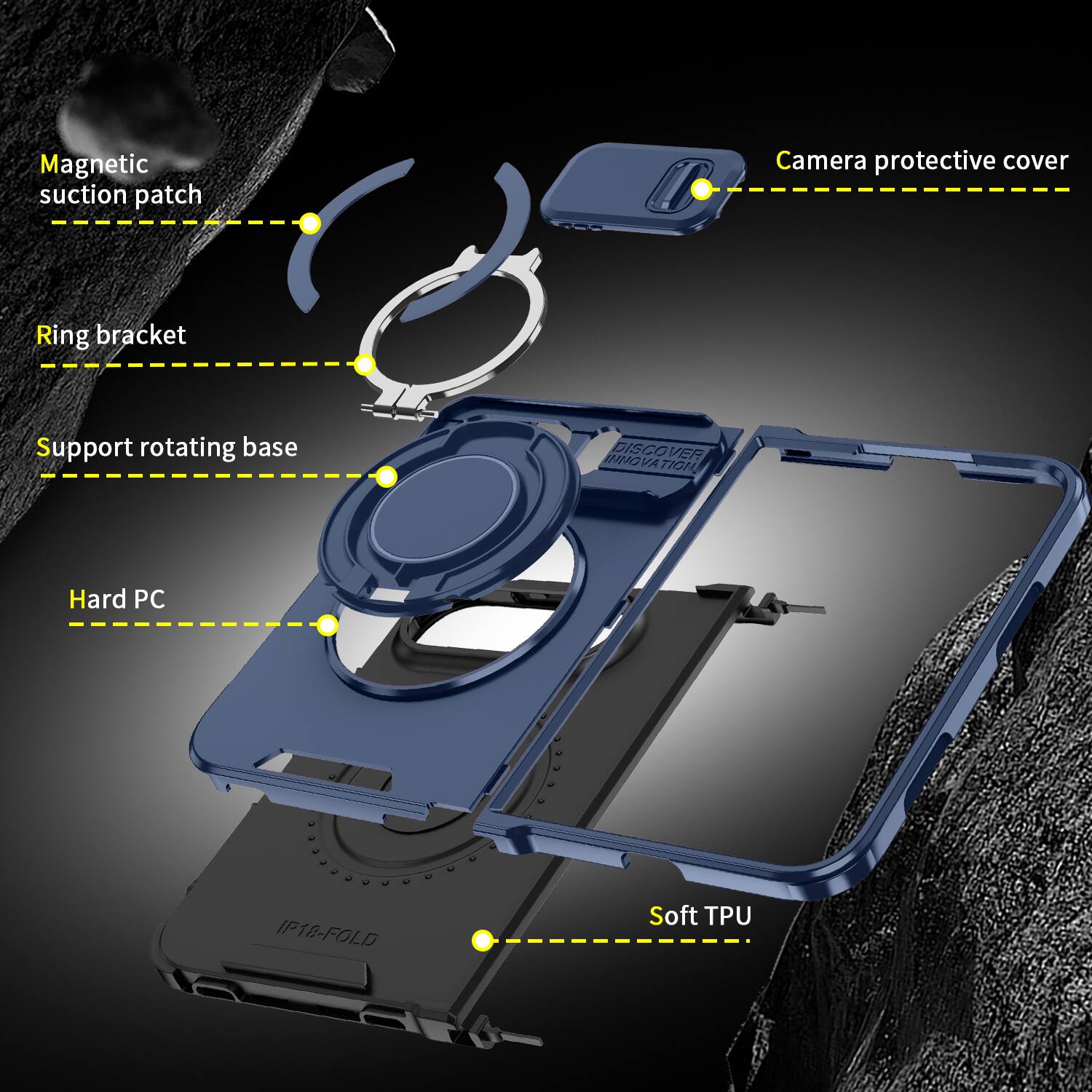 Magnetic suction patch  
Camera protective cover  
Ring bracket  
Support rotating base  
INNOVATION DISCOVER  
Hard PC  
IP18-FOLD  
Soft TPU