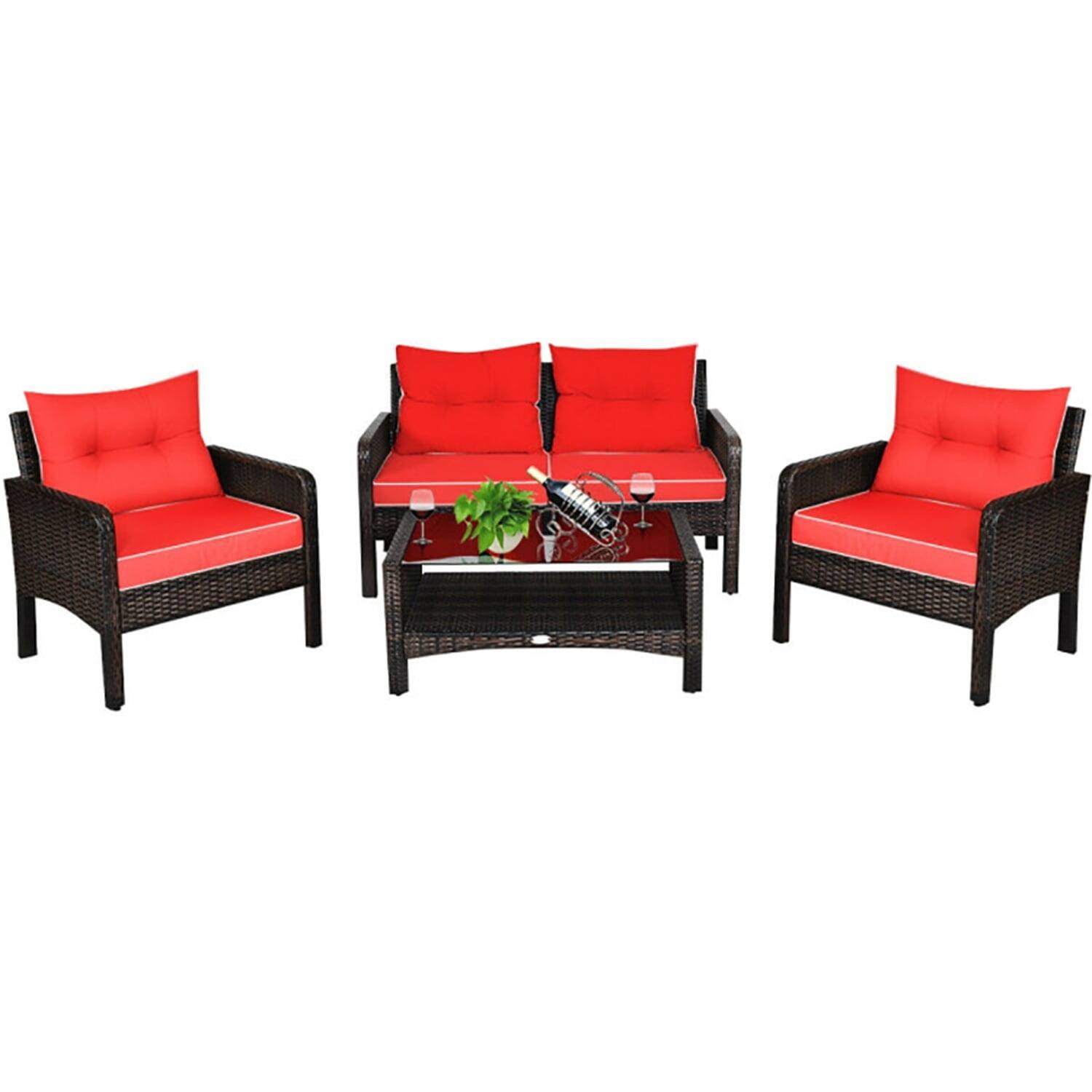 Left. Kadyn - 4 Pcs Outdoor Patio Furniture Set with Cushions & Coffee Table Wicker Rattan Patio Conversation Sets for Outside, Garden - Red.