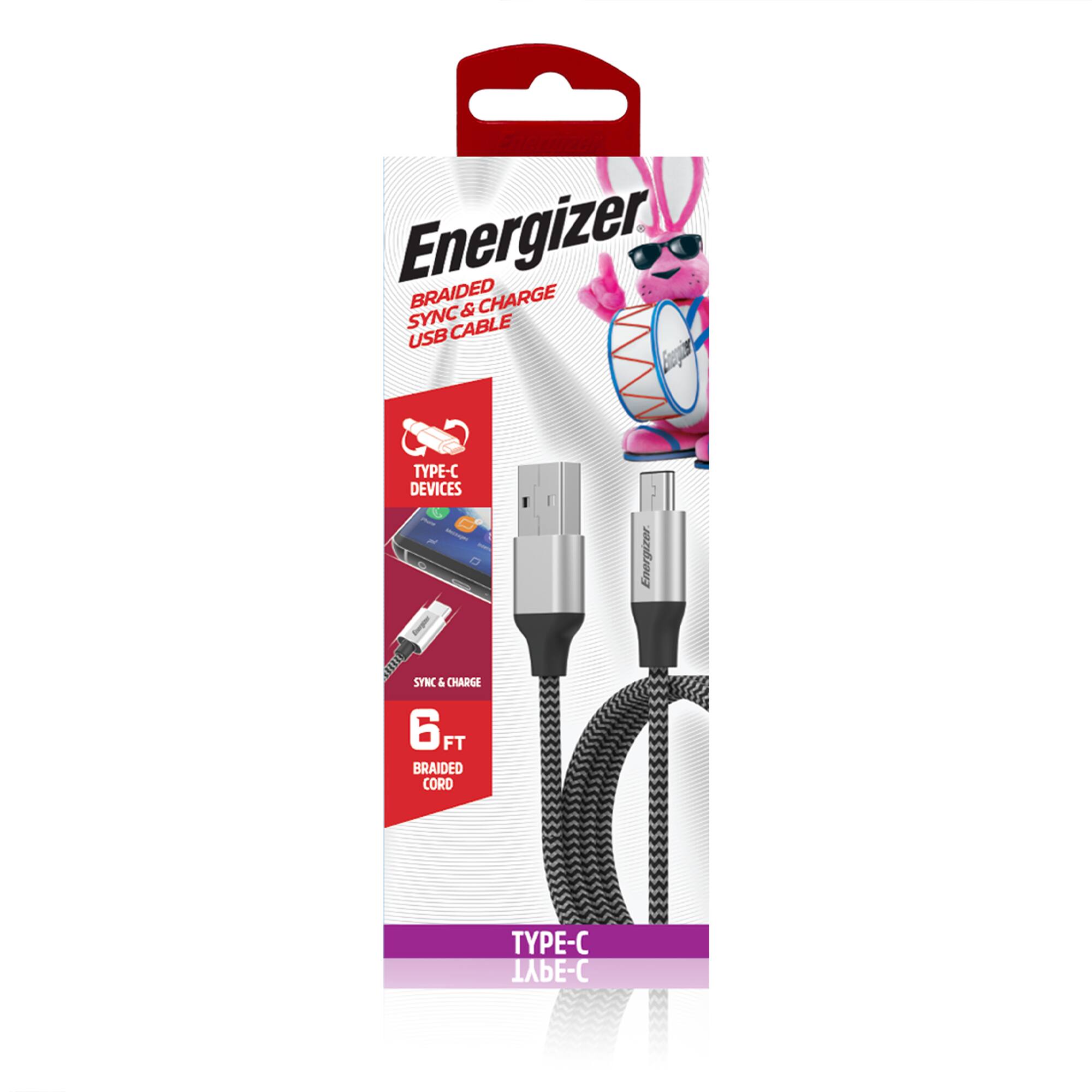 Energizer Braided Sync & Charge USB Cable for Type-C Devices  
6 FT Braided Cord