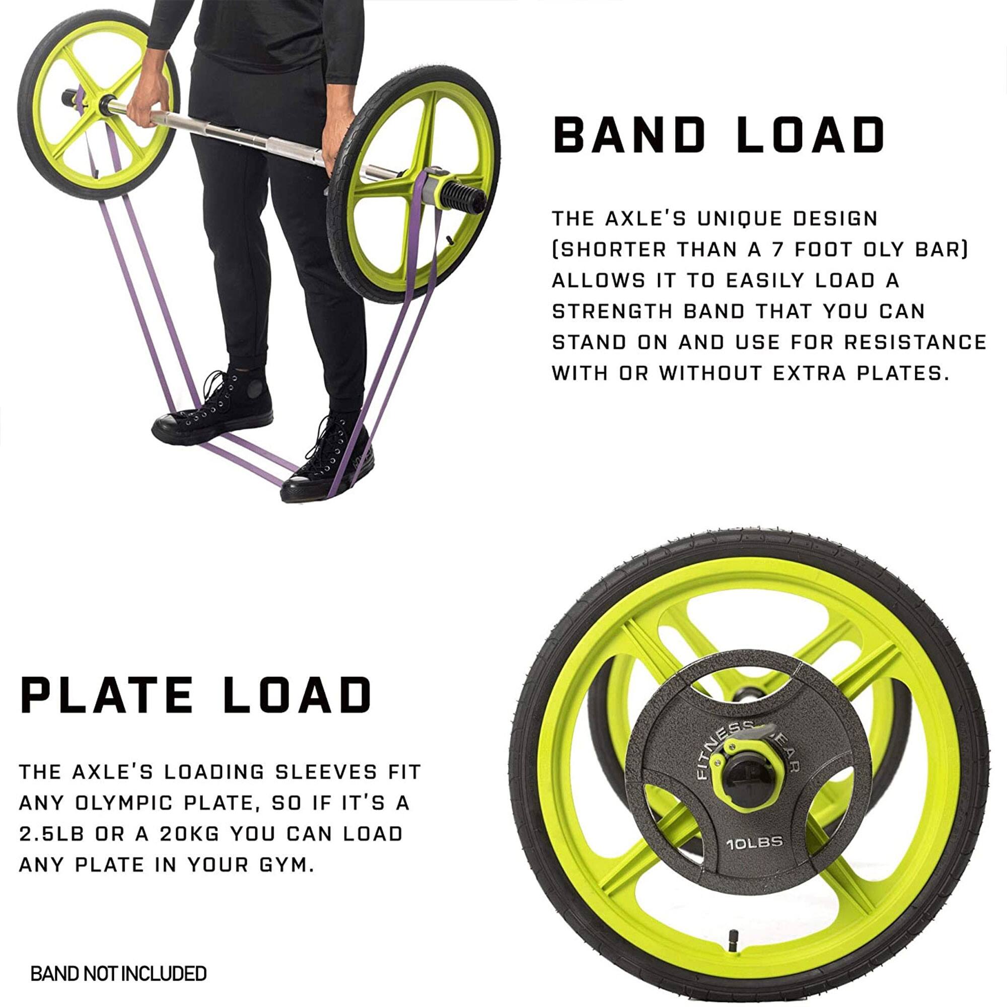 **BAND LOAD**

The axle's unique design (shorter than a 7 foot oly bar) allows it to easily load a strength band that you can stand on and use for resistance with or without extra plates.

**PLATE LOAD**

The axle's loading sleeves fit any Olympic plate, so if it's a 2.5lb or a 20kg you can load any plate in your gym.

**BAND NOT INCLUDED**