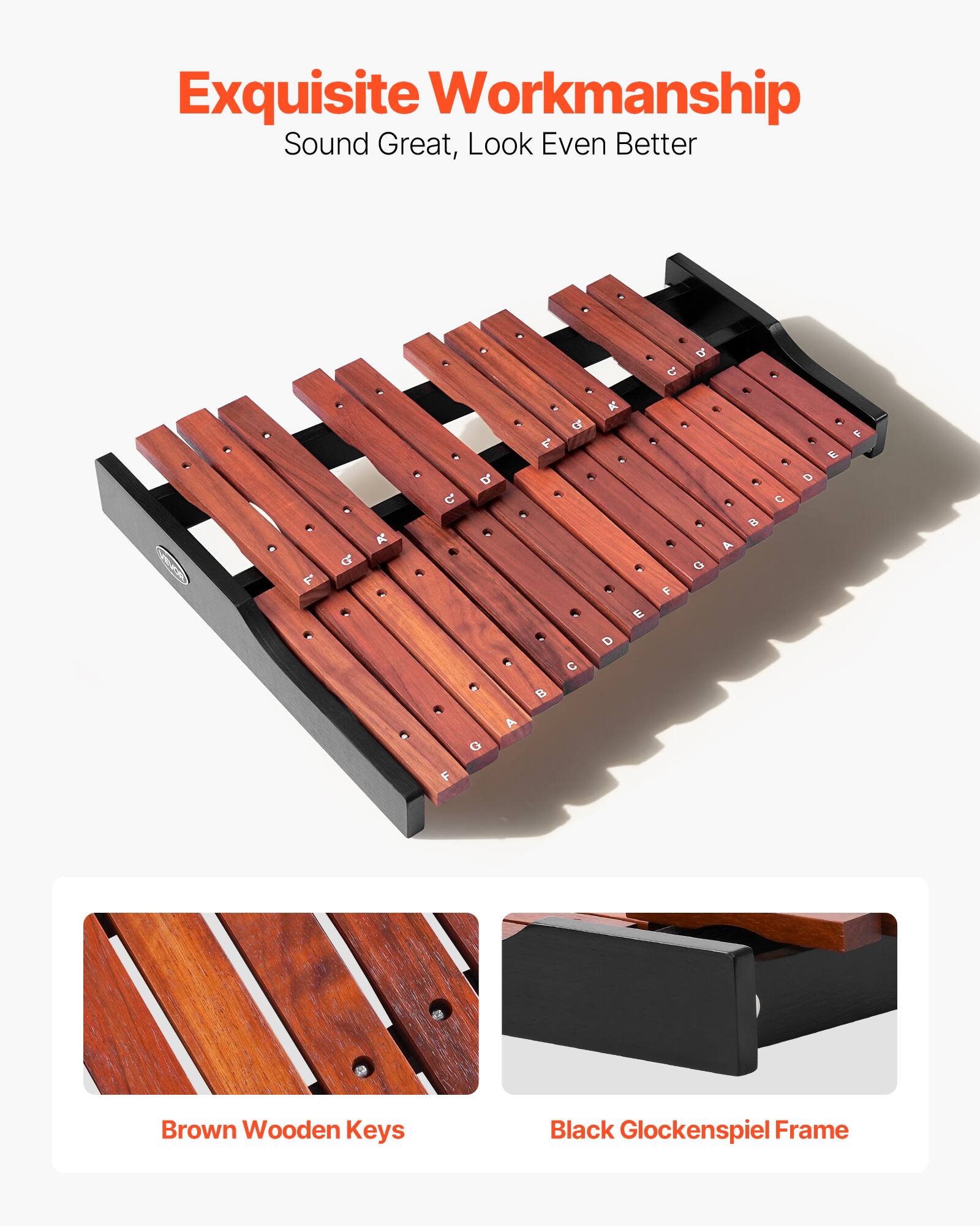 Exquisite Workmanship  
Sound Great, Look Even Better  

Brown Wooden Keys  
Black Glockenspiel Frame