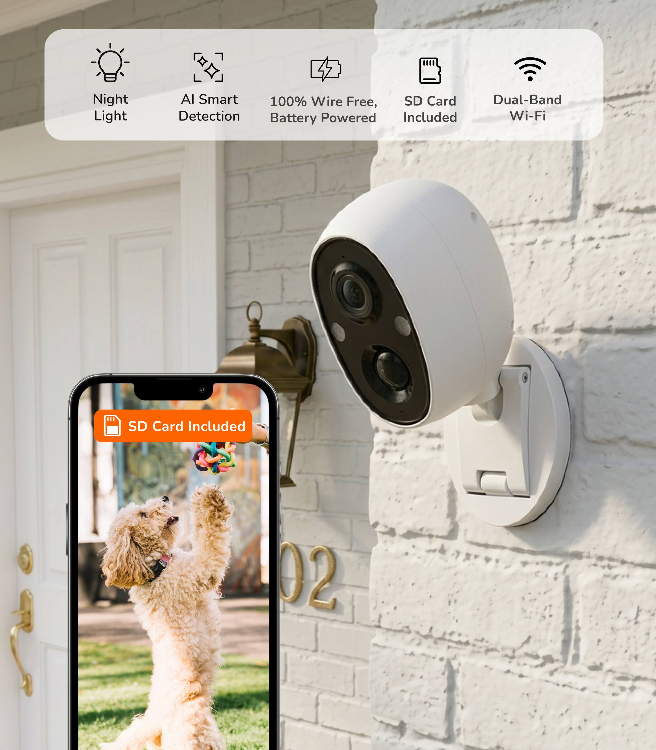Night Light  
AI Smart Detection  
100% Wire Free, Battery Powered  
SD Card Included  
Dual-Band Wi-Fi