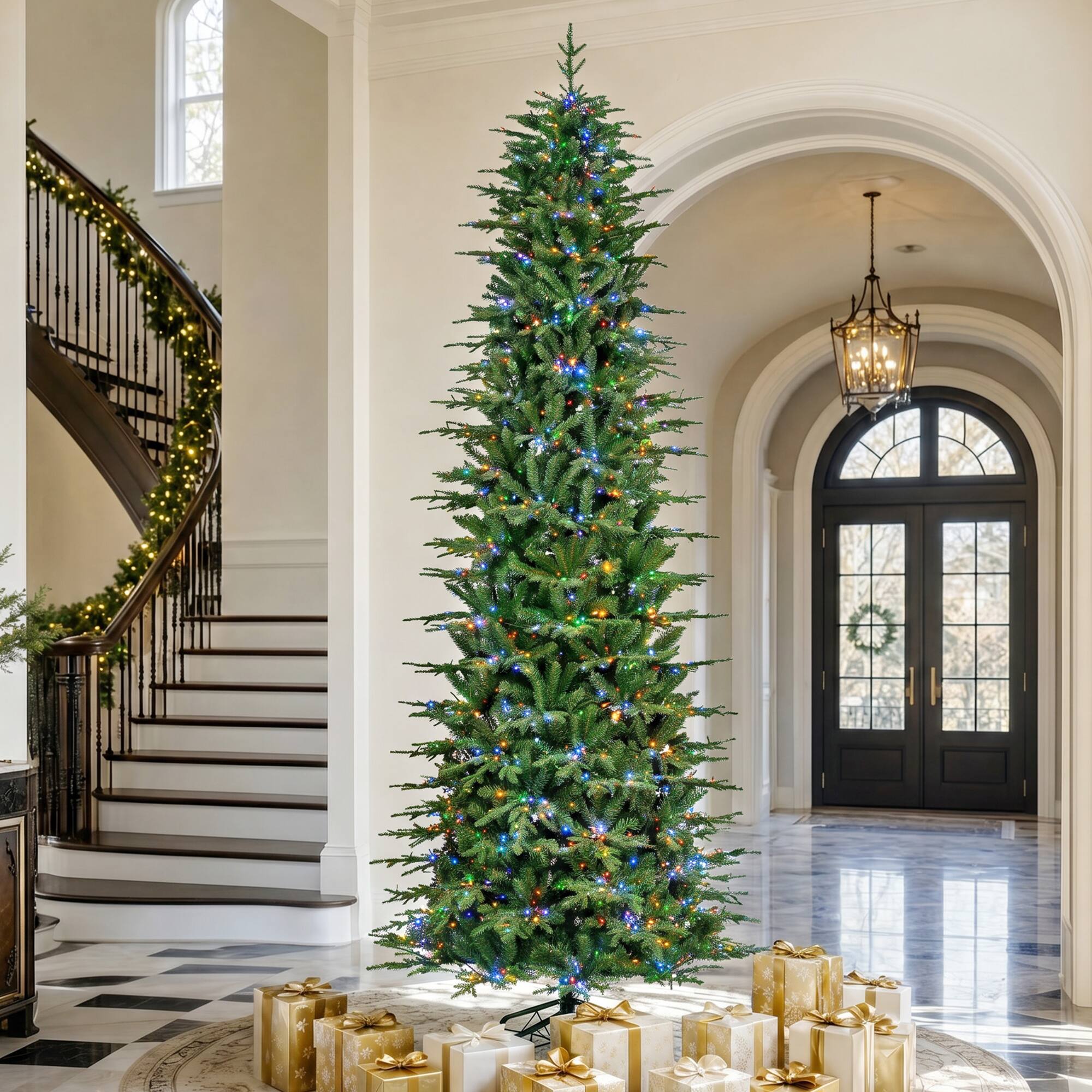 Alt View 9. Glitzhome - 11ft Pre-Lit Slim Fir Artificial Christmas Tree with 2700 Chasing and Twinkling Lights - Green.