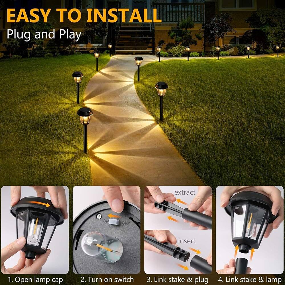 EASY TO INSTALL  
Plug and Play  

1. Open lamp cap  
2. Turn on switch  
3. Link stake & plug  
4. Link stake & lamp