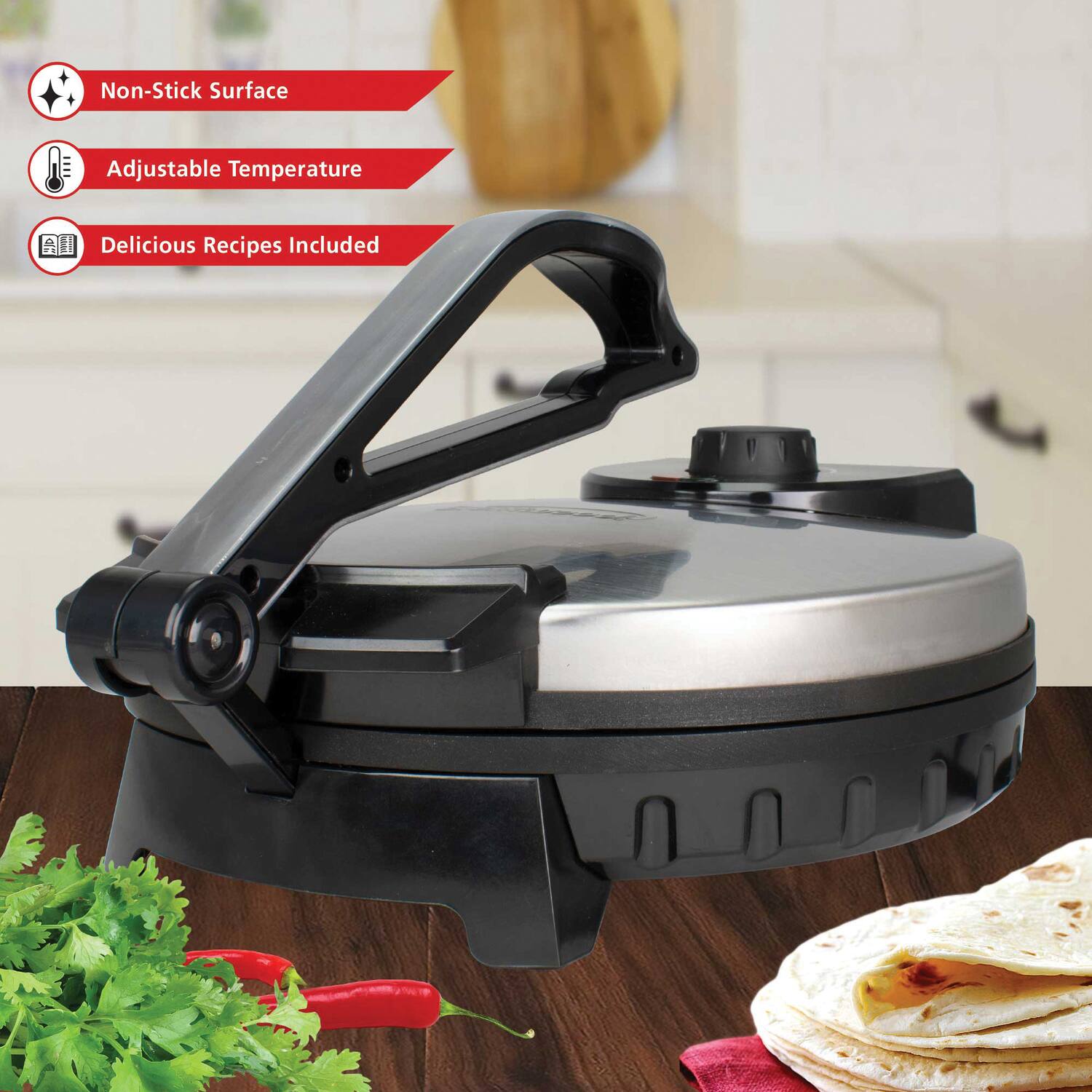 - Non-Stick Surface
- Adjustable Temperature
- Delicious Recipes Included