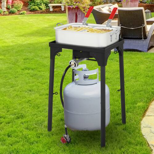 Alt View 8. Winado - 3PCS 18QT Deep Fry Fish Fryer Pot with Grade Propane Gas Dual Basket, Burner Stand for Outdoor Camping Garden Party - Sliver.