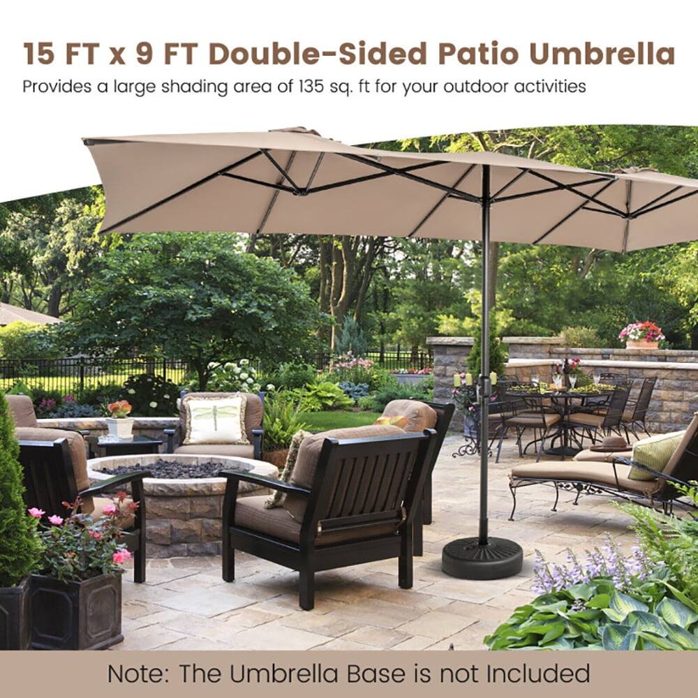 15 FT x 9 FT Double-Sided Patio Umbrella  
Provides a large shading area of 135 sq. ft for your outdoor activities  

Note: The Umbrella Base is not Included