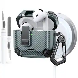 Dteck - Case for Apple AirPods 4th Gen with Magnetic Lock,Compatible with Mag Safe,Carbon Fiber Texture Cover with Carabiner - Green