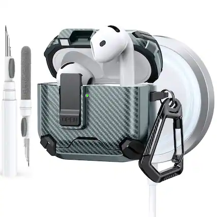 Front. Dteck - Case for Apple AirPods 4th Gen with Magnetic Lock,Compatible with Mag Safe,Carbon Fiber Texture Cover with Carabiner - Green.