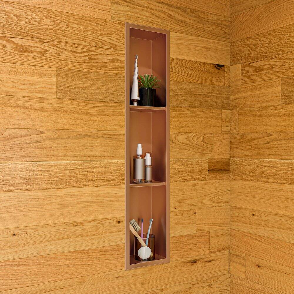 Angle. Alfi - 8" x 36" Brushed Copper PVD Stainless Steel Vertical Triple Shelf Shower Niche - Brown.