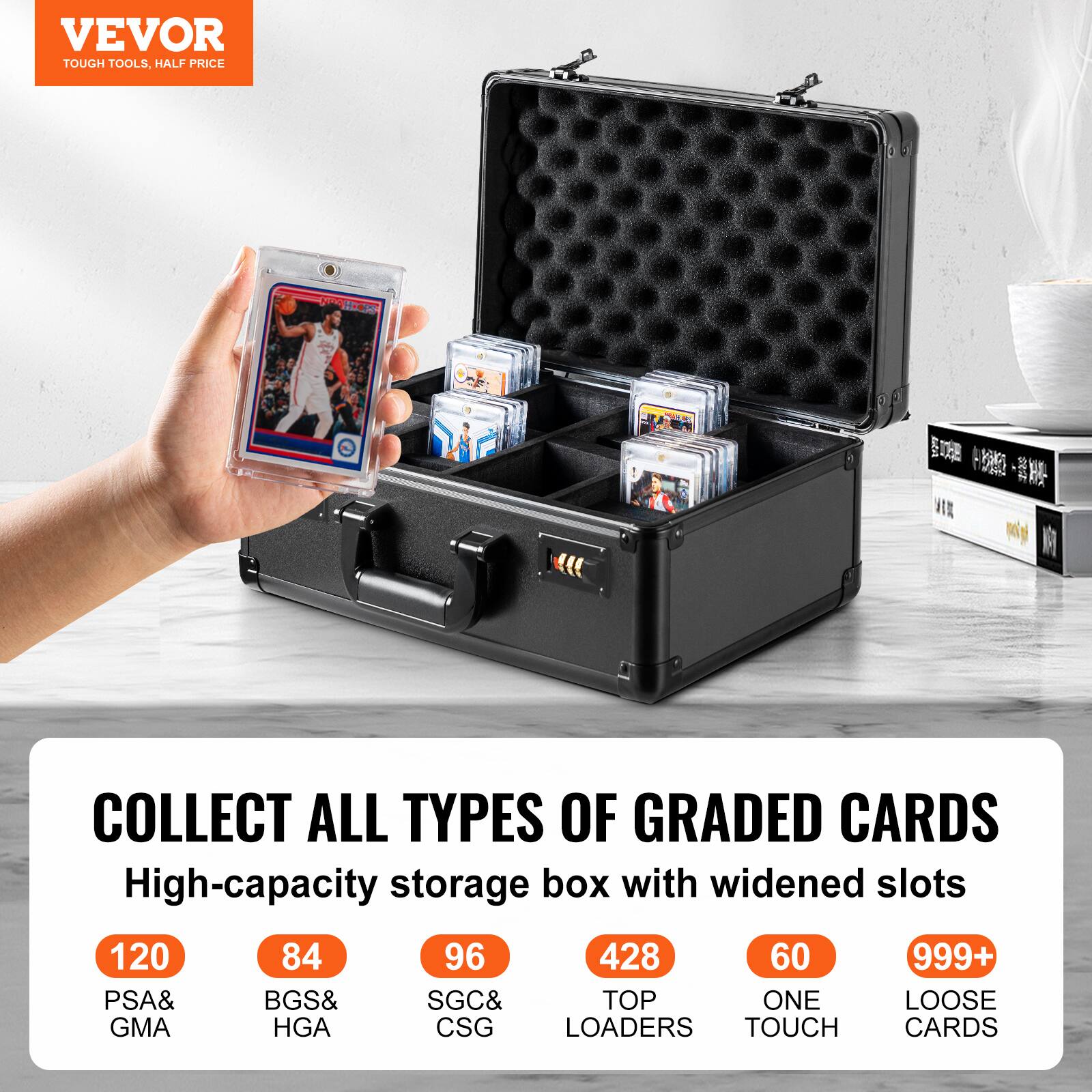 VEVOR  
TOUGH TOOLS, HALF PRICE  

COLLECT ALL TYPES OF GRADED CARDS  
High-capacity storage box with widened slots  

120 PSA & GMA  
84 BGS & HGA  
96 SGC & CSG  
428 TOP LOADERS  
60 ONE TOUCH  
999+ LOOSE CARDS