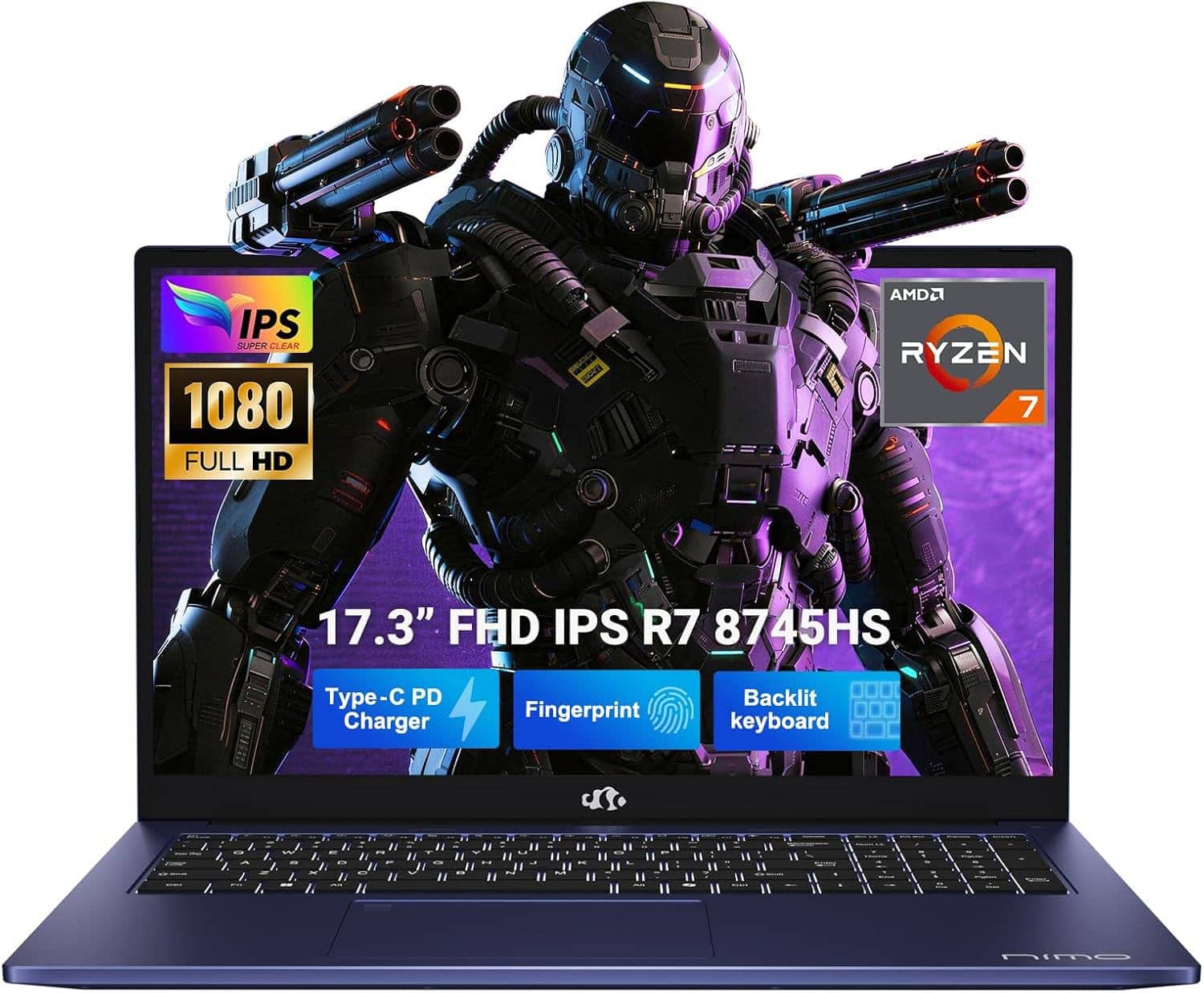 NIMO - 17.3" IPS FHD-Gaming-Laptop, AMD Ryzen 7 8745HS 16GB DDR5 RAM 1TB SSD 4.9GHz Radeon 780M Graphics 100W USB-C 4.0 - Blue