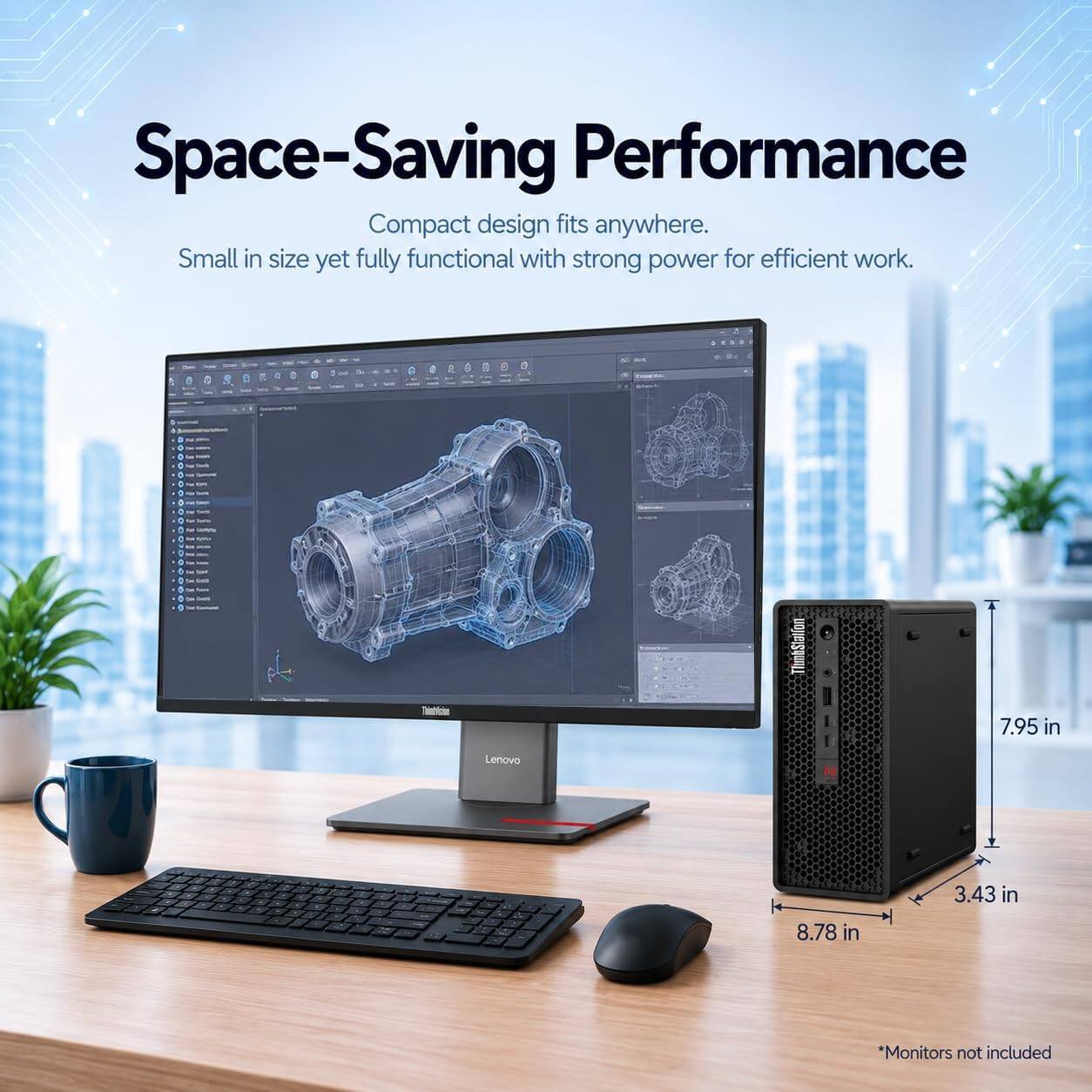 Space-Saving Performance  
Compact design fits anywhere.  
Small in size yet fully functional with strong power for efficient work.  

Lenovo  
ThinkStation  
7.95 in  
3.43 in  
8.78 in  
*Monitors not included