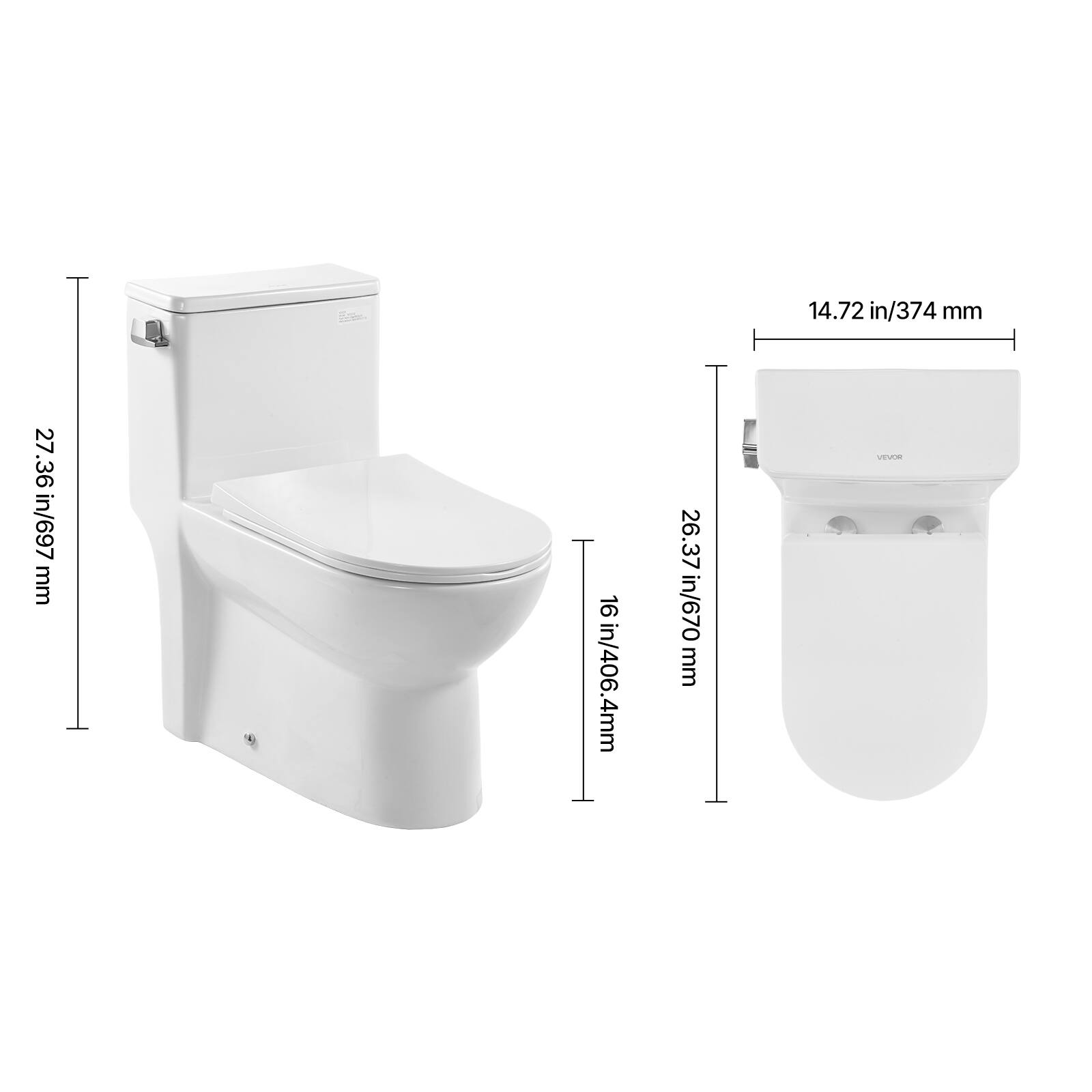 14.72 in/374 mm  
27.36 in/697 mm  
16 in/406.4 mm  
26.37 in/670 mm