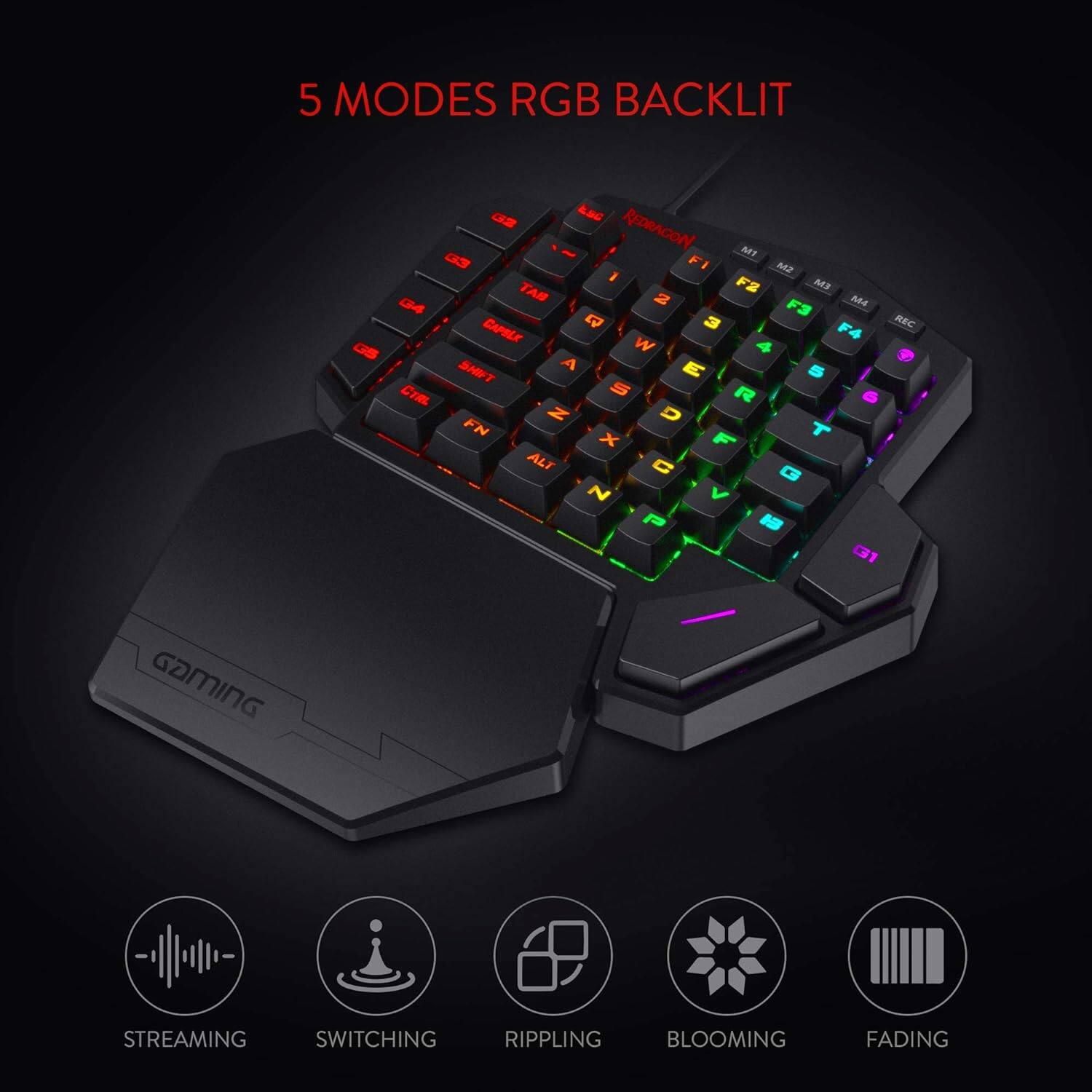 5 MODES RGB BACKLIT

1. STREAMING
2. SWITCHING
3. RIPPLING
4. BLOOMING
5. FADING
