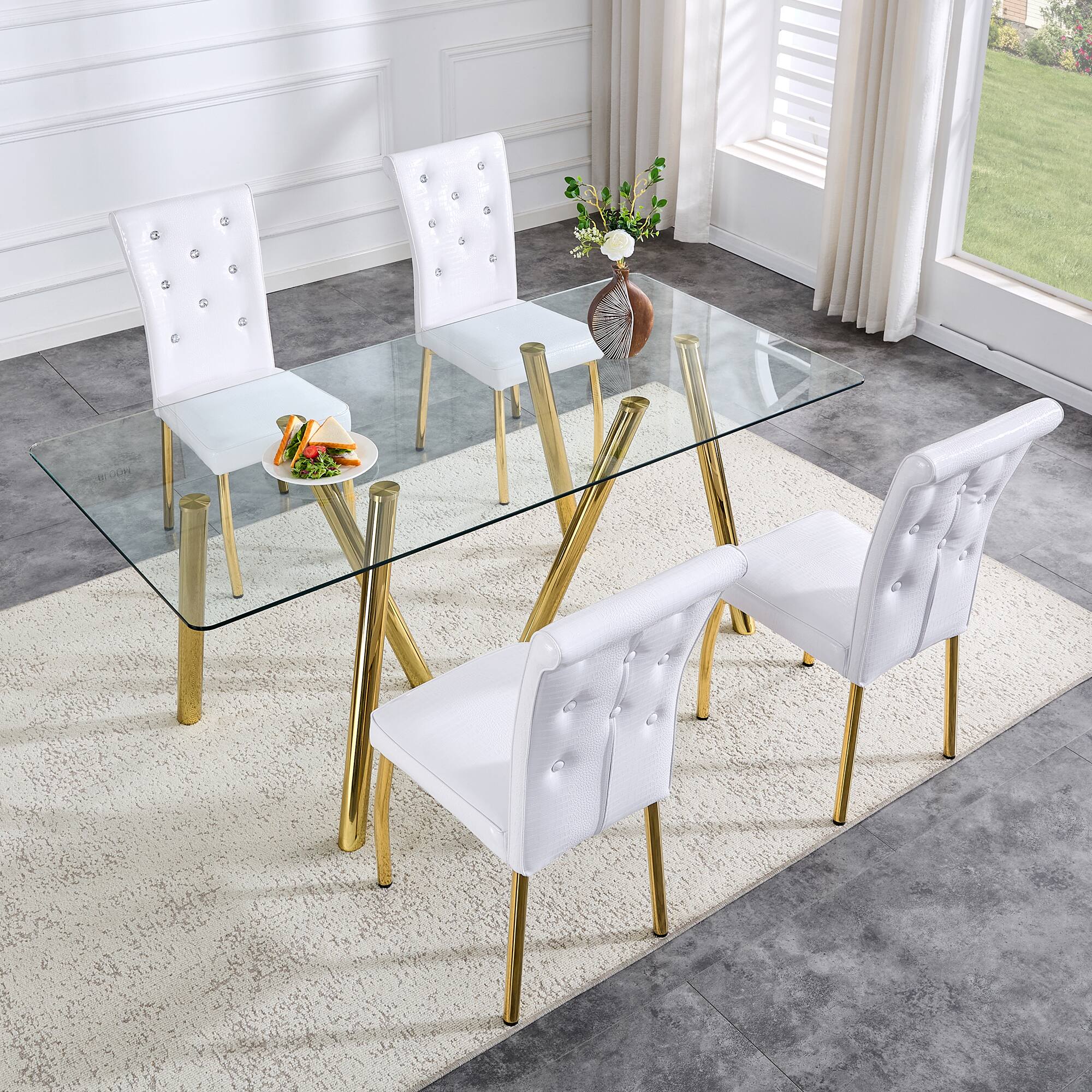 Alt View 10. Loheer - Loheer- 5.9 Ft Modern Tempered Glass Dining Table with Sturdy Metal Legs for Large Family - Gold.