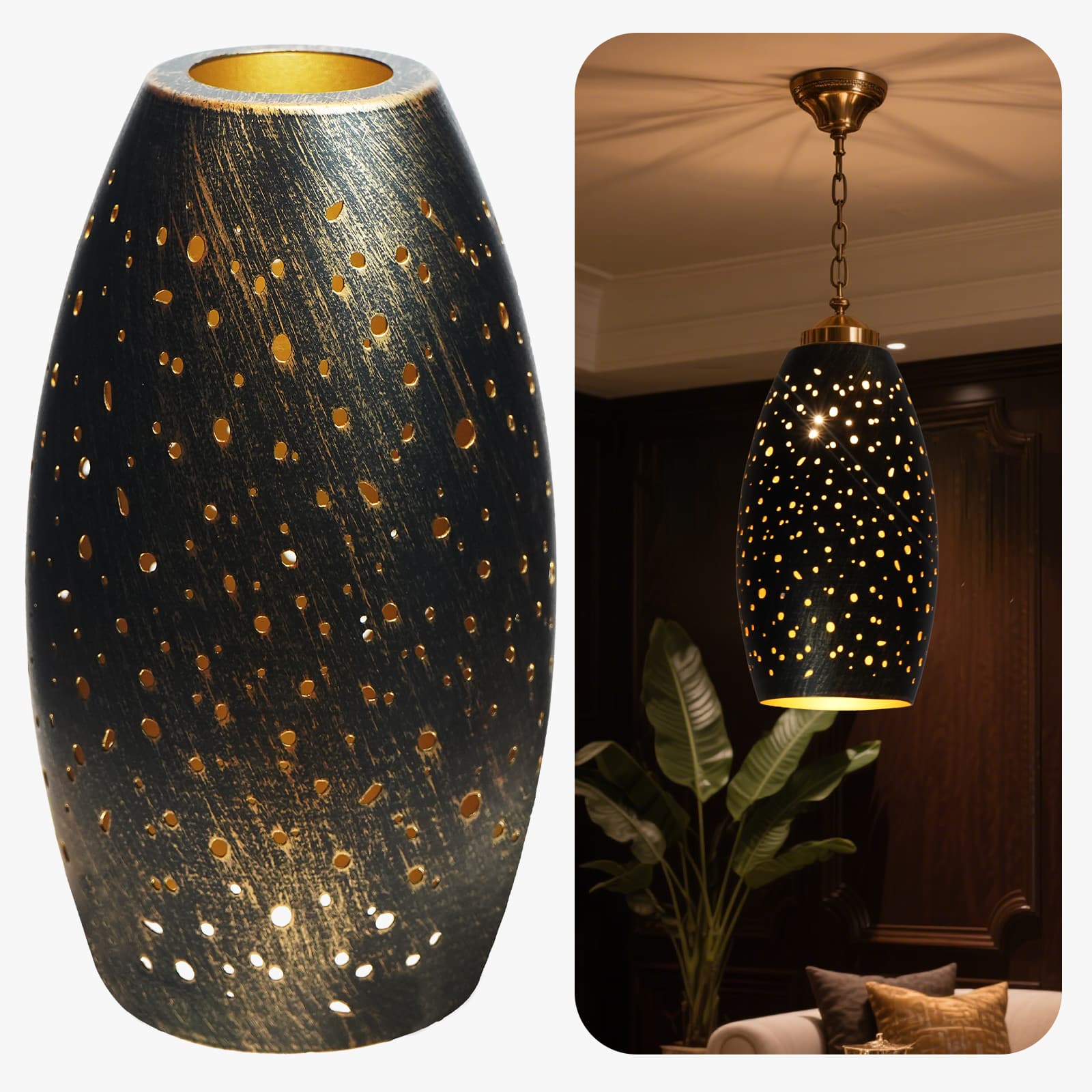 Alucset - Metal Oval Pendant Light Shade Replacement with 1-5/8" Fitter Etched Hollow Design for Chandelier Wall Lamp, Bronze Gold - Antique Bronze & Gold