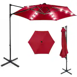 Costway - 10 FT Patio Cantilever Umbrella Large Offset Hanging Umbrella with Solar LED Lights - Red
