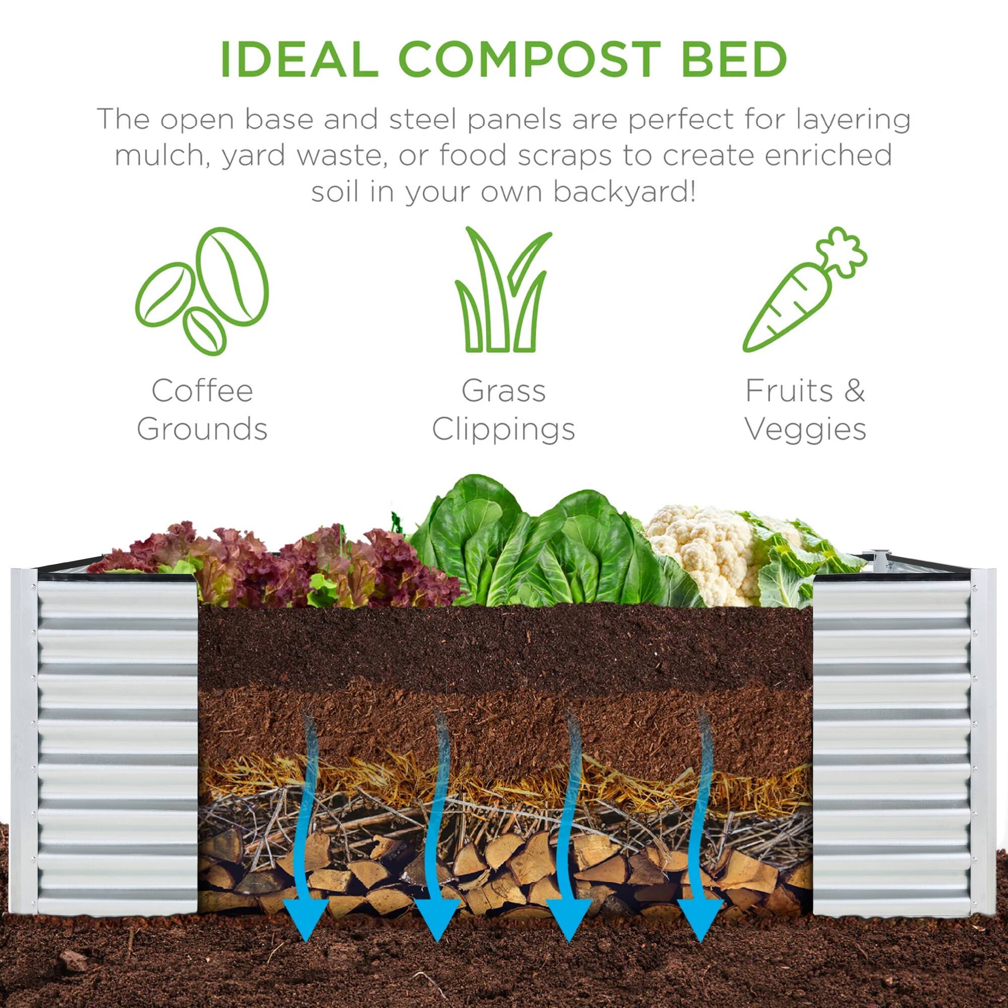 IDEAL COMPOST BED

The open base and steel panels are perfect for layering mulch, yard waste, or food scraps to create enriched soil in your own backyard!

- Coffee Grounds
- Grass Clippings
- Fruits & Veggies