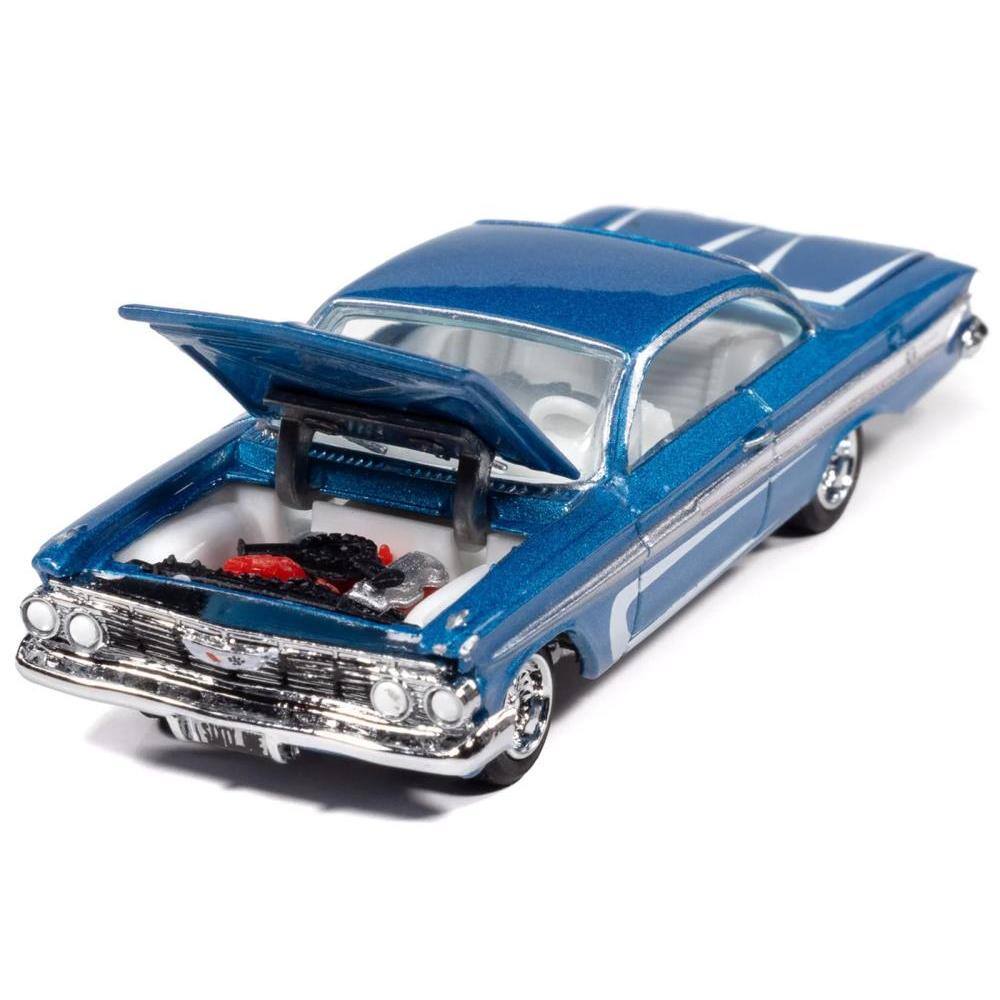 Left. Johnny Lightning - 1961 Chevrolet Impala SS 409 Blue Metallic with White Stripes and Interior "Scrapin'" Series 1/64 - Blue Metallic with White.
