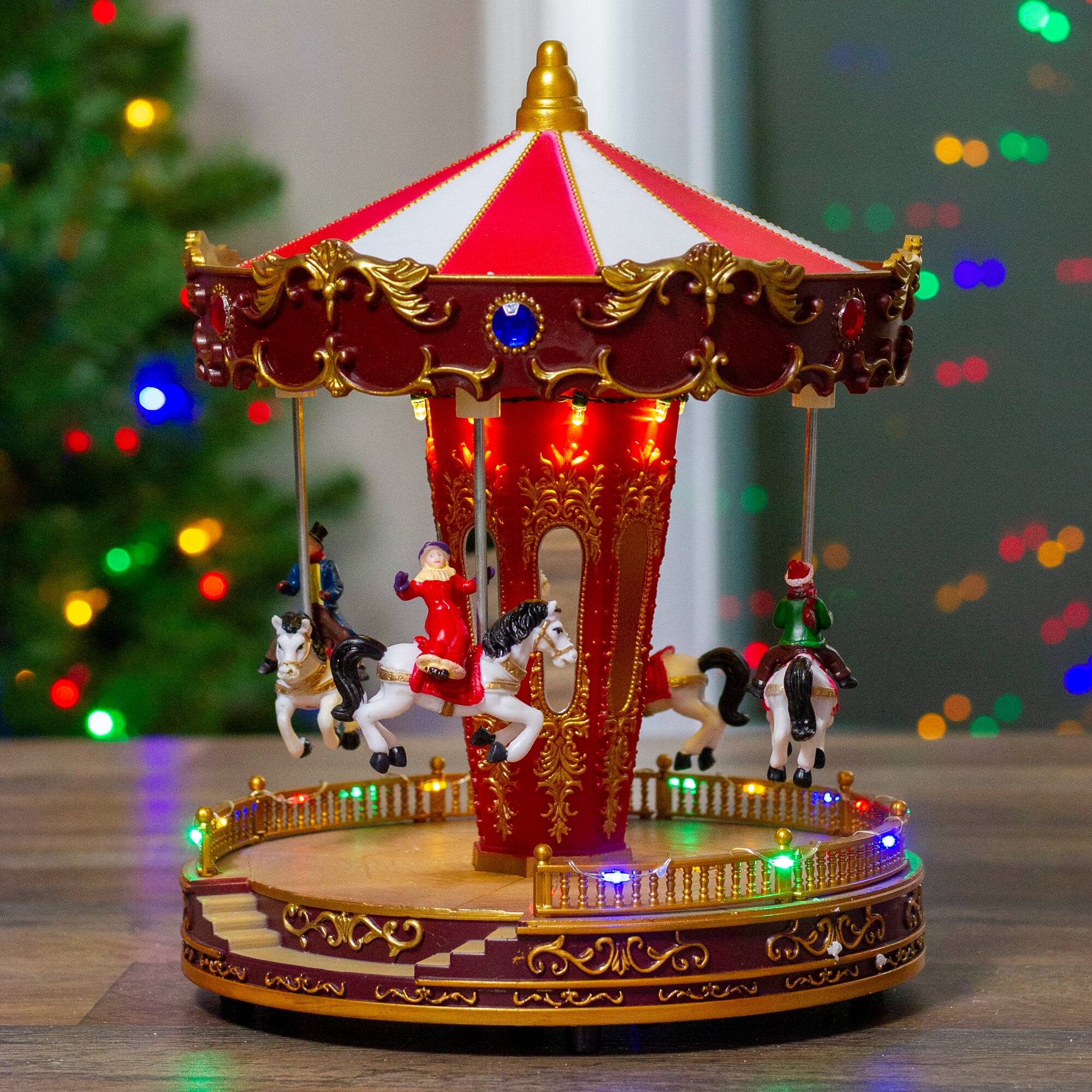 Alt View 1. Northlight - LED Lighted and Animated Horses Christmas Carousel Village Display - 11" - Red.