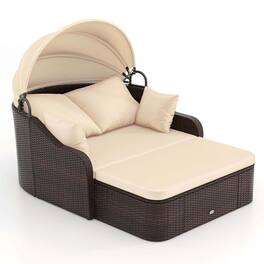 Gymax - Outdoor PE Rattan Daybed w/ Retractable Canopy Soft Cushions & Extra Pillows - Beige, Mix Brown