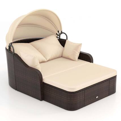 Front. Gymax - Gymax Outdoor PE Rattan Daybed w/ Retractable Canopy Soft Cushions & Extra Pillows - Beige, Mix Brown.