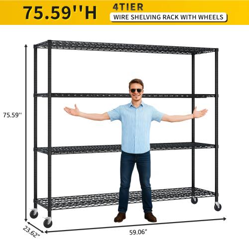 4 Tier 75.59"H Wire Shelving Rack with Wheels  
75.59" H  
23.62" W  
59.06" D