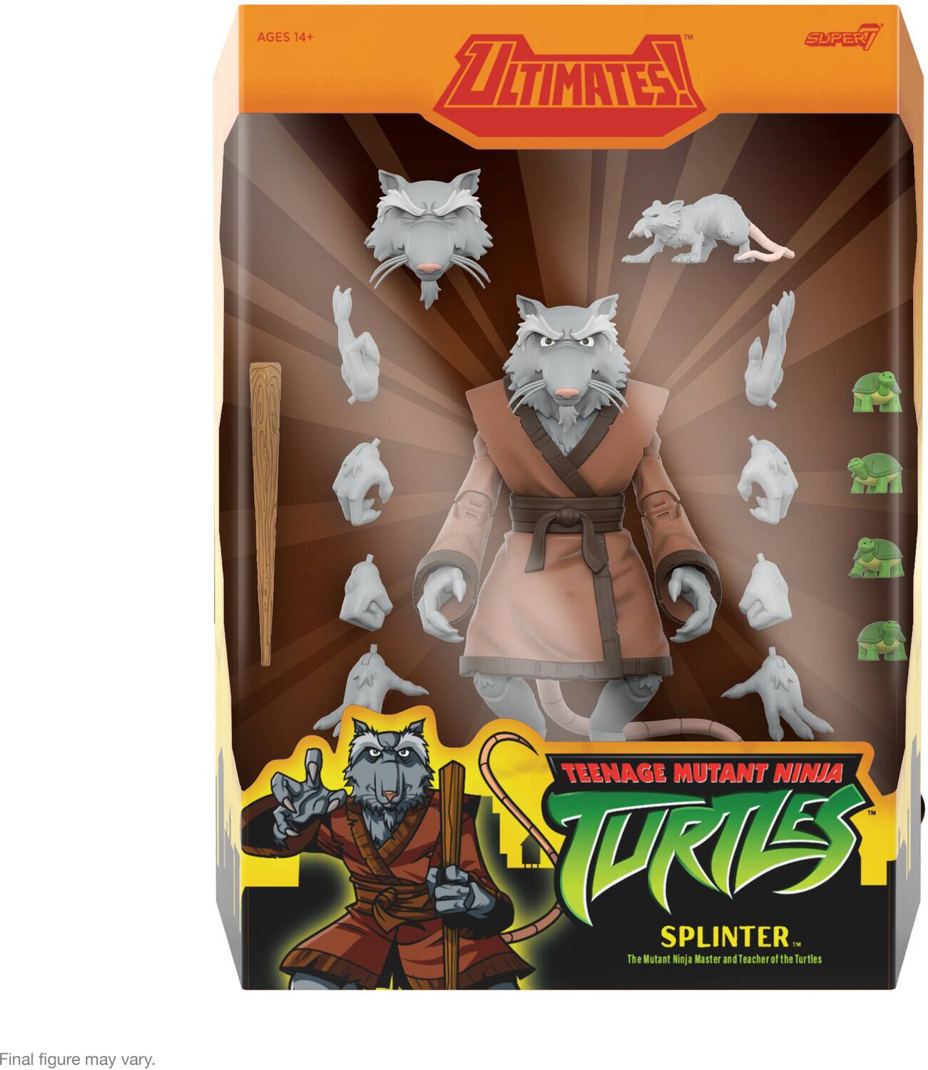 AGES 14+  
ULTIMATES!  
SUPER7  
TEENAGE MUTANT NINJA TURTLES  
SPLINTER - The Mutant Ninja Master and Teacher of the Turtles  
Final figure may vary.