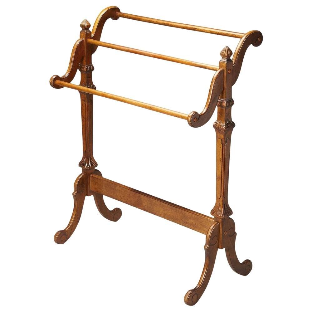 Angle. Starlight Canyon Home - Wooden Blanket Stand with Trestle Base - Medium Brown.