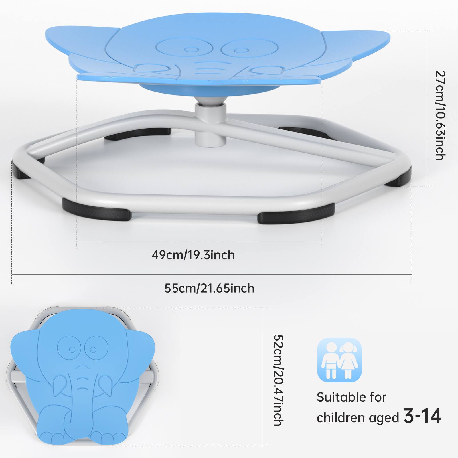 27cm/10.63inch  
49cm/19.3inch  
55cm/21.65inch  
52cm/20.47inch  

Suitable for children aged 3-14